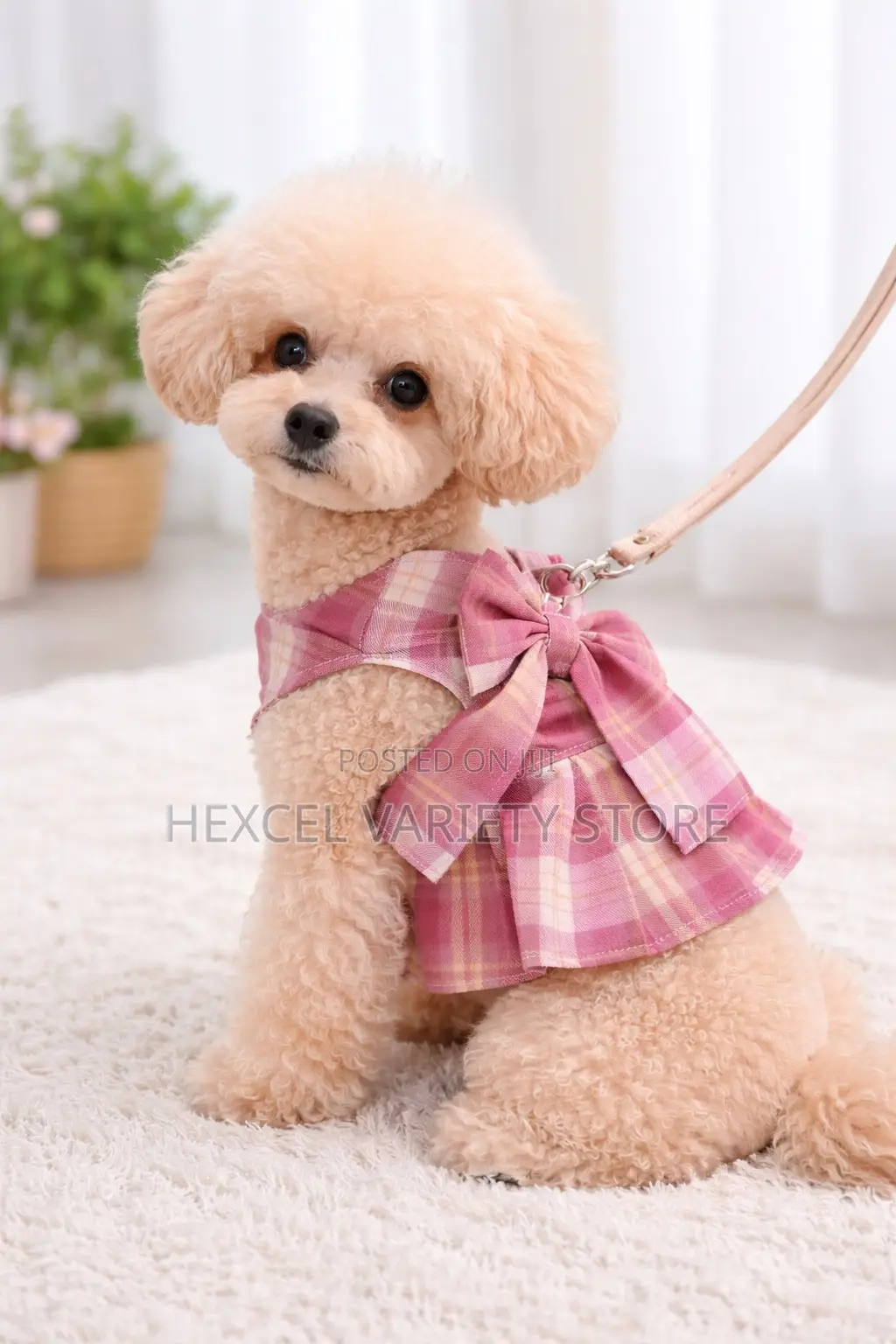 Stylish Pink Plaid Dog Harness Dress With Bow Leash