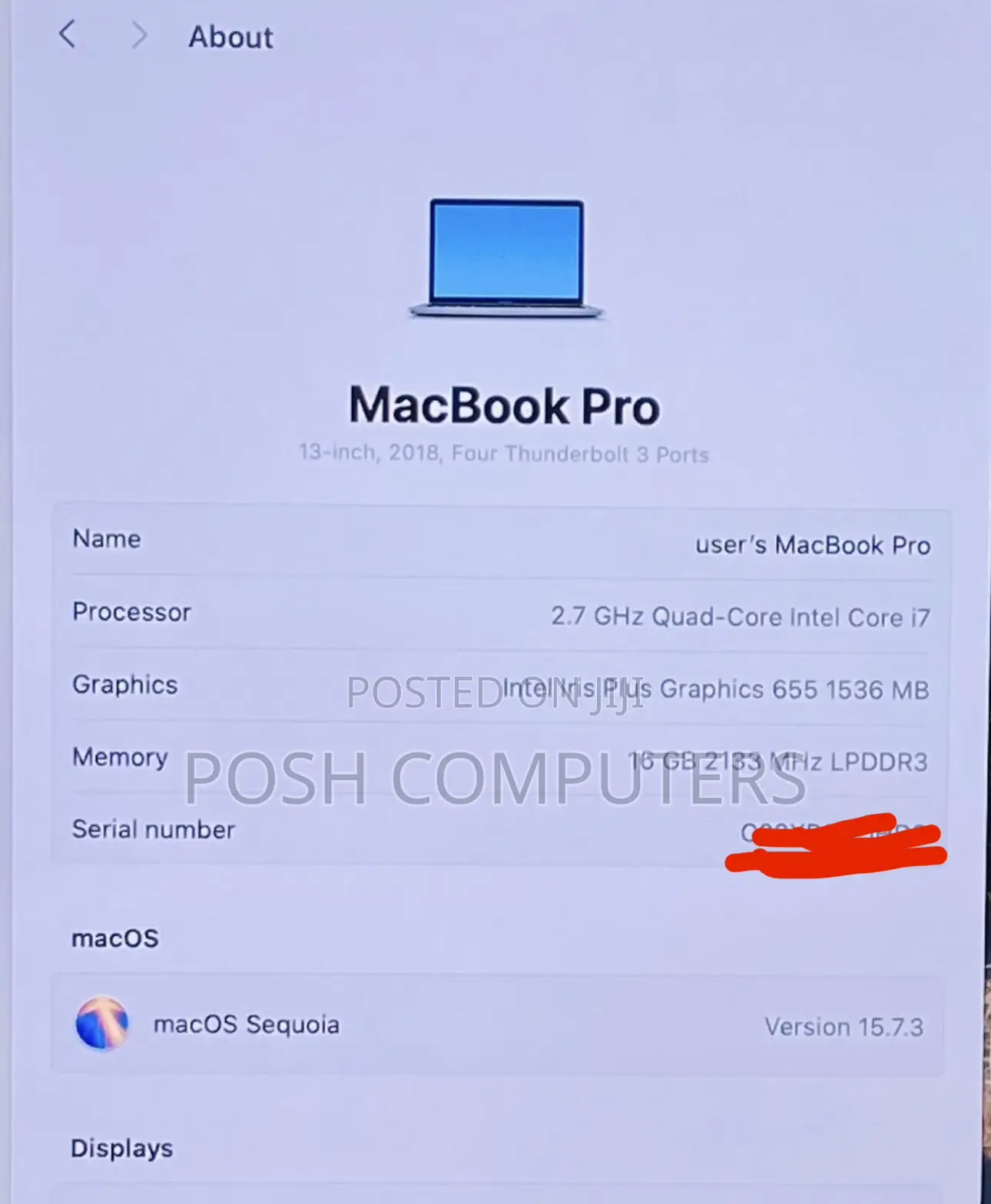 Laptop Apple MacBook Pro 2018 16GB Intel Core i7 SSD 256GB