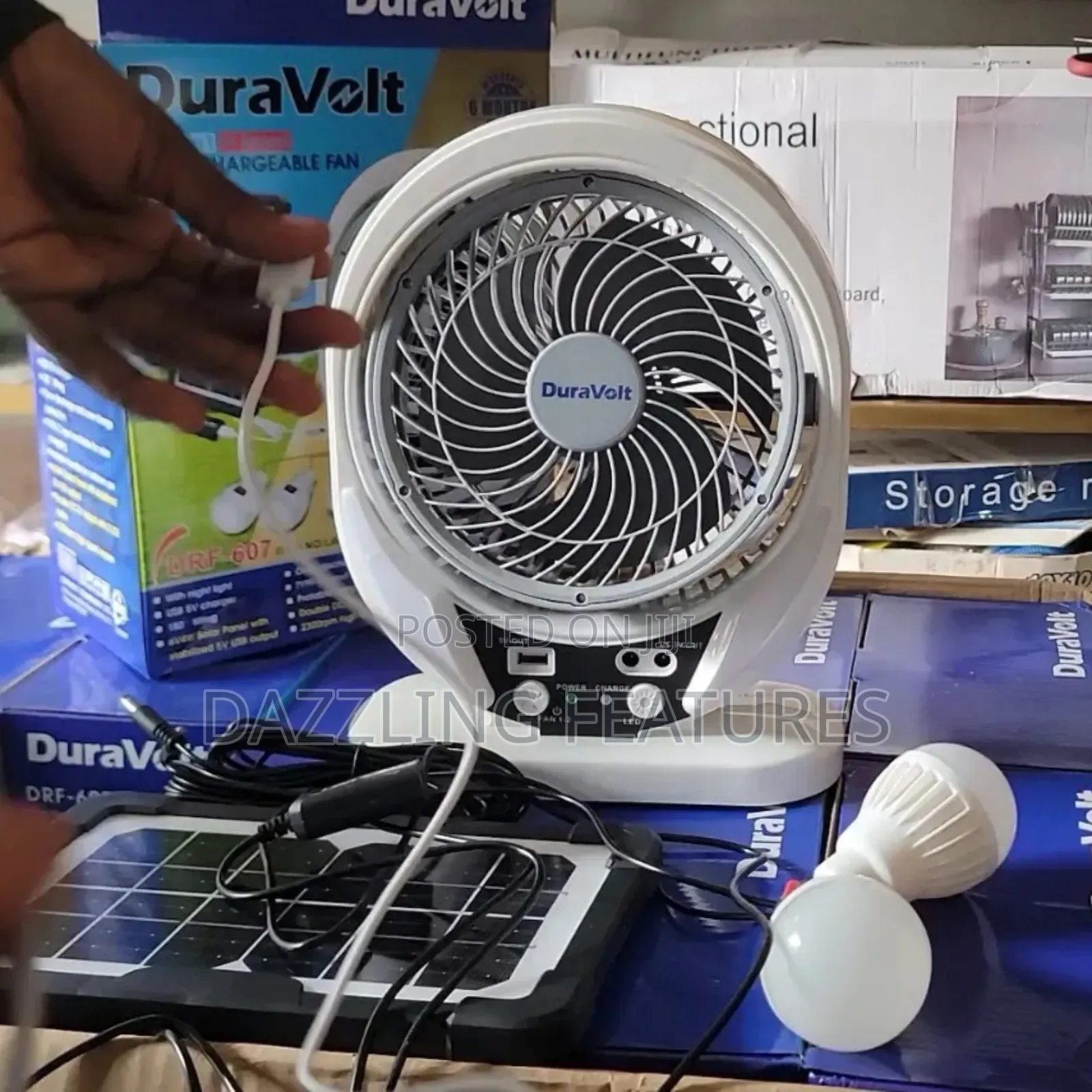 Duravolt 7" Rechargeable Solar Table Fan + 2 Led Bulbs Solar Panel