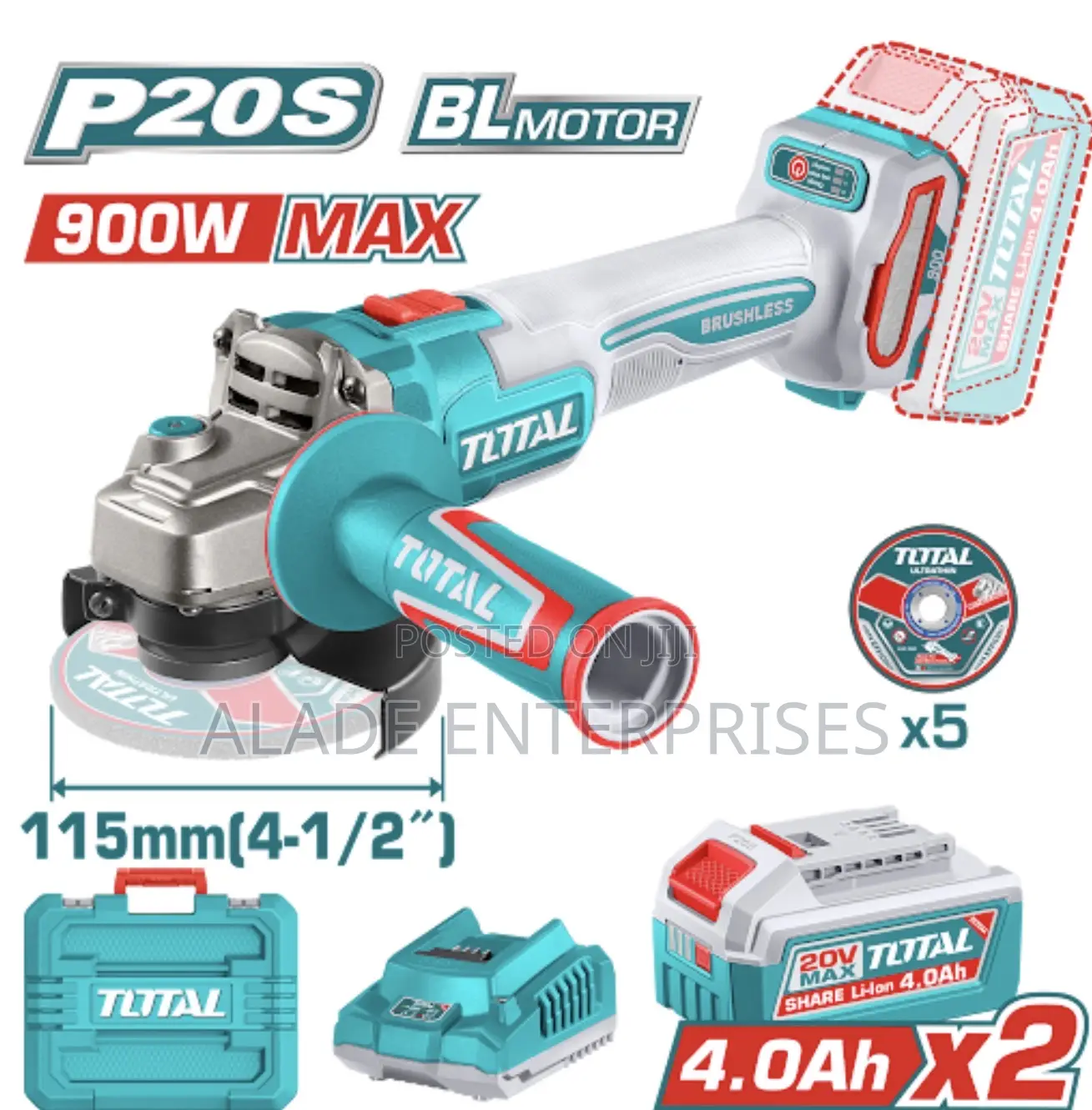 Total Tools 20v Brushless Cordless 4.5" Angle Grinder With 2 Batteries