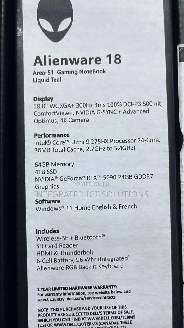 New Laptop Dell Alienware 18 Area-51 64GB Intel Core Ultra 9 SSD 4T