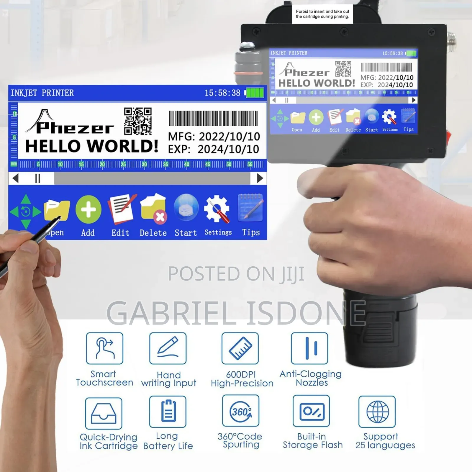 Handheld Inkjet Printer Production Date Time Logo on Glass Bag Carton