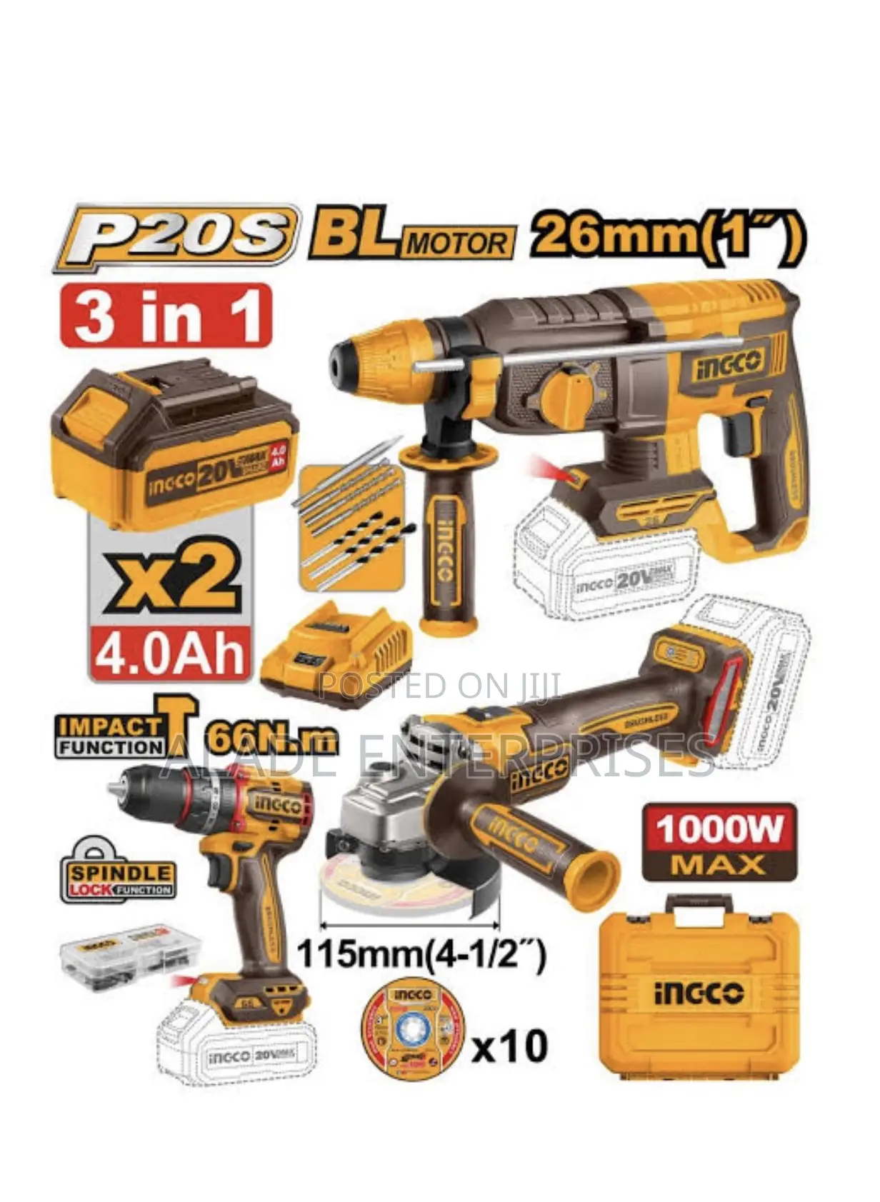 Ingco 3in1 Combo Kit Rotary Hammer, Grinder And 66nm Drill