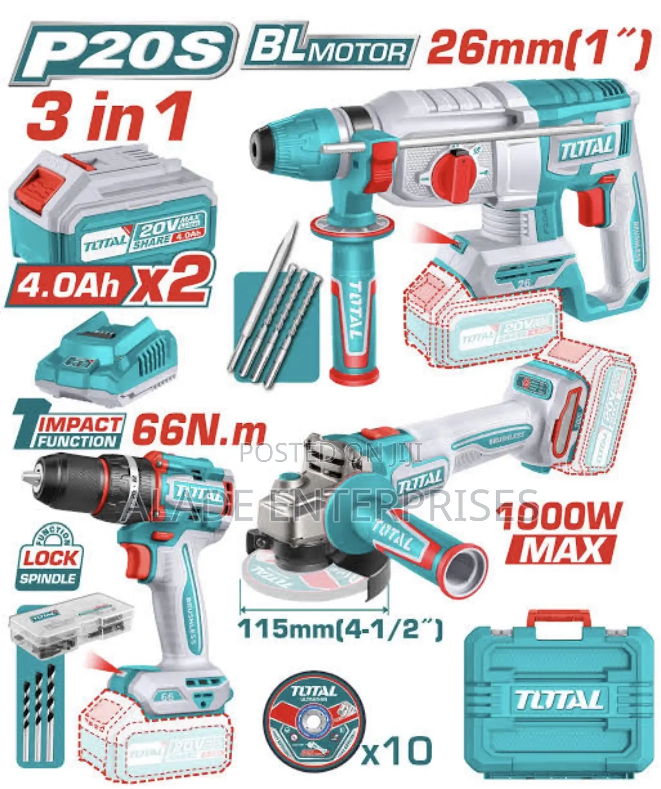Total  3-in-1 Lithium-ion Rotary Hammer Cordless Combo Kit Brushless