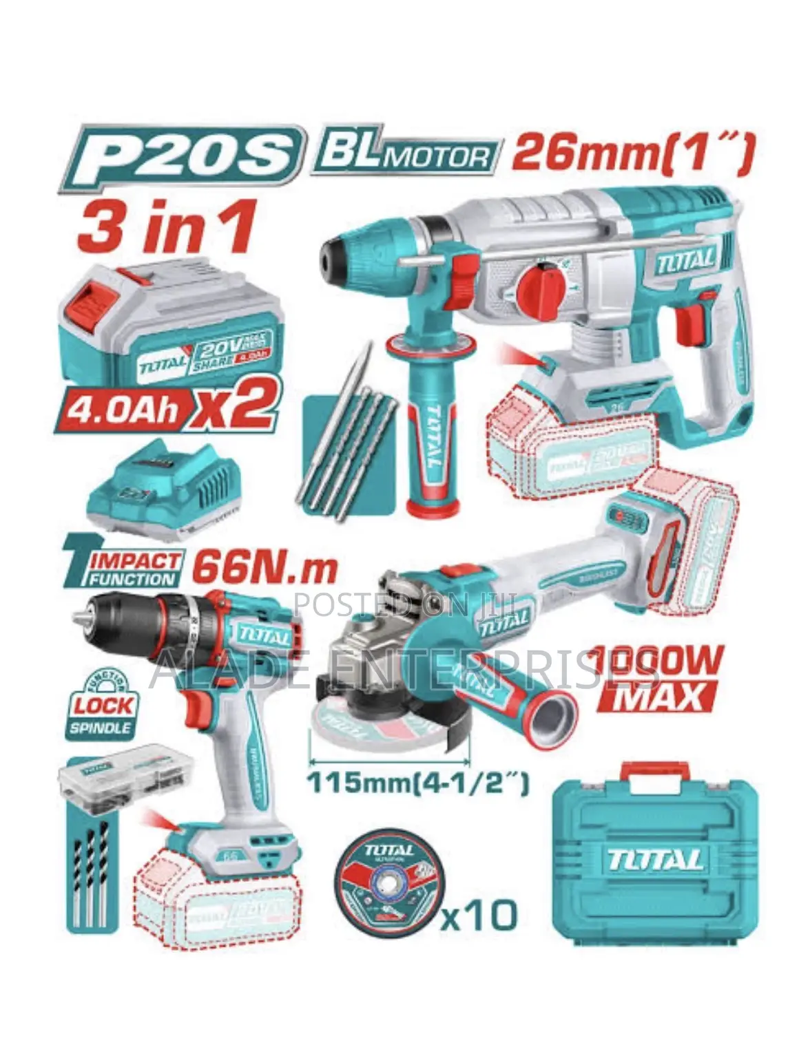 Total  3-in-1 Lithium-ion Rotary Hammer Cordless Combo Kit Brushless