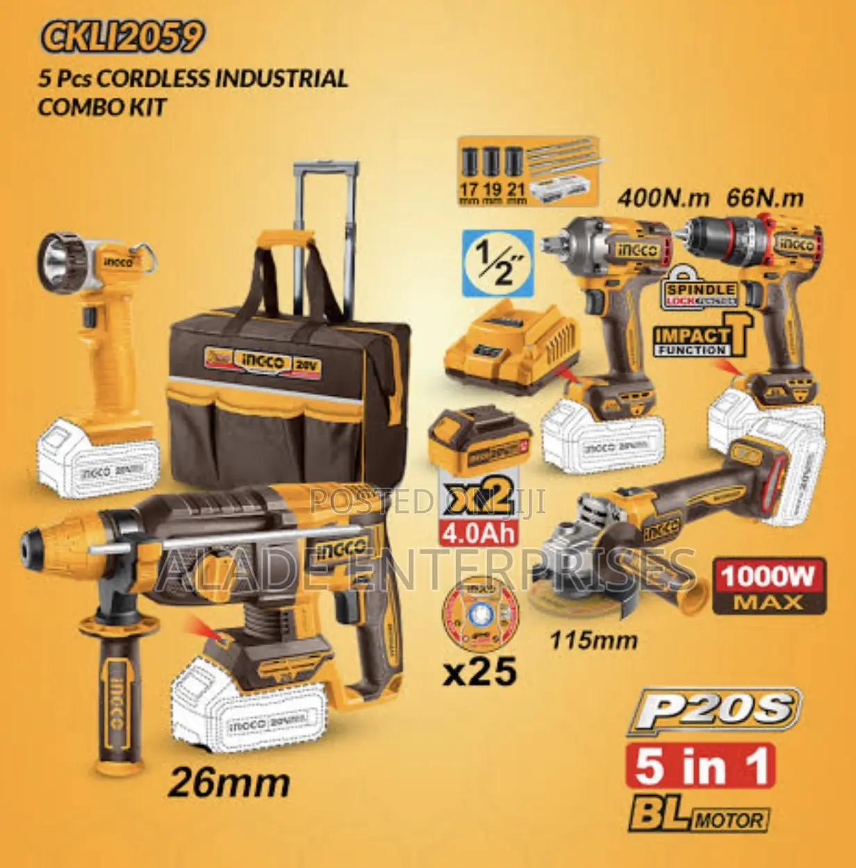 Ingco 20v 5 In1 Pcs Cordless Industrial Combo Kit