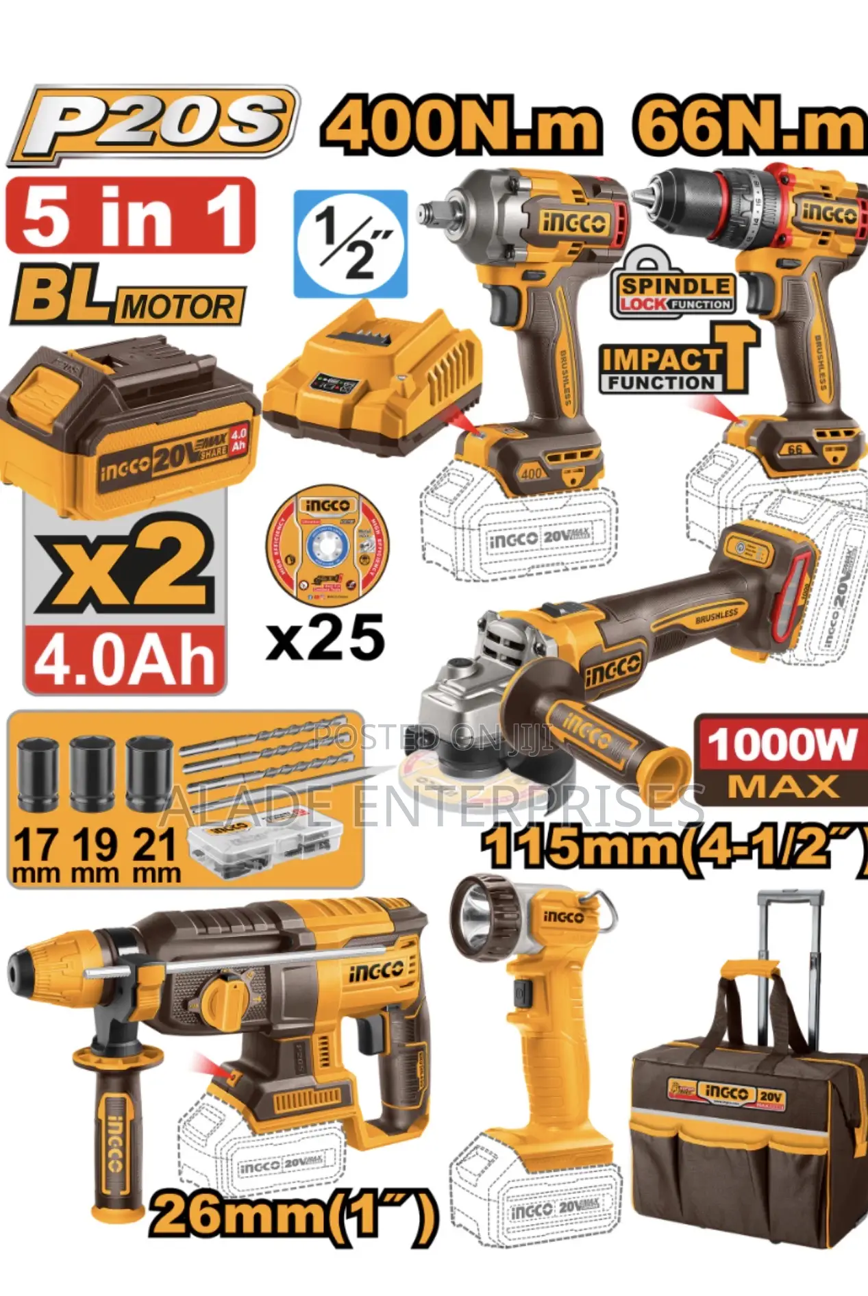 Ingco 20v 5 In1 Pcs Cordless Industrial Combo Kit