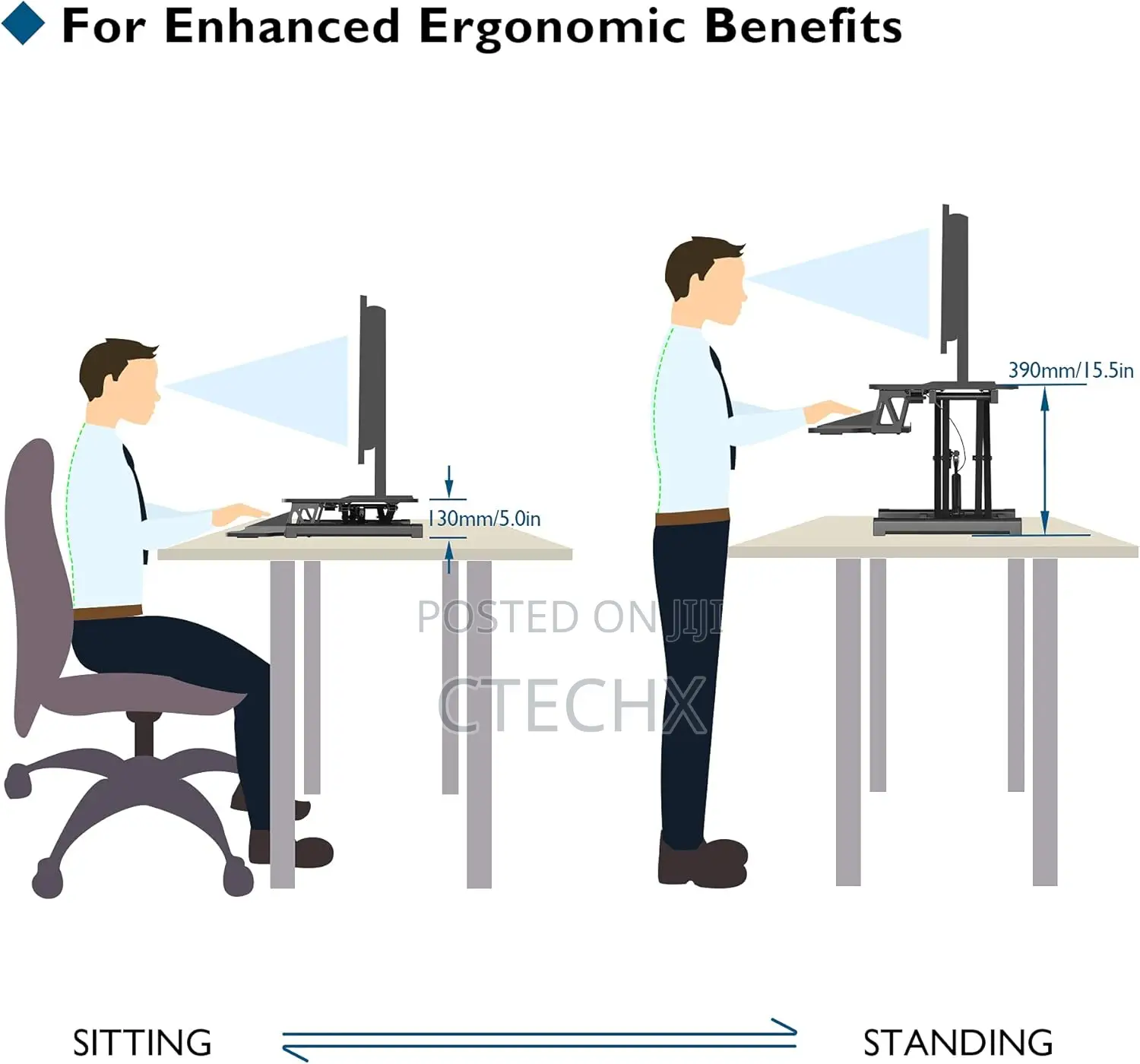 Sit-Stand Desk for Laptop, Monitor. 55cm Height Adjustable Riser