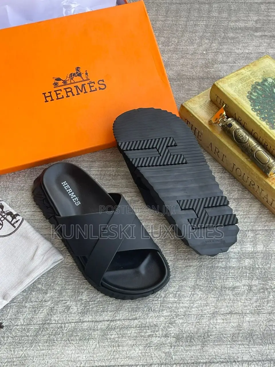 Original Hermes Black Leather Slippers