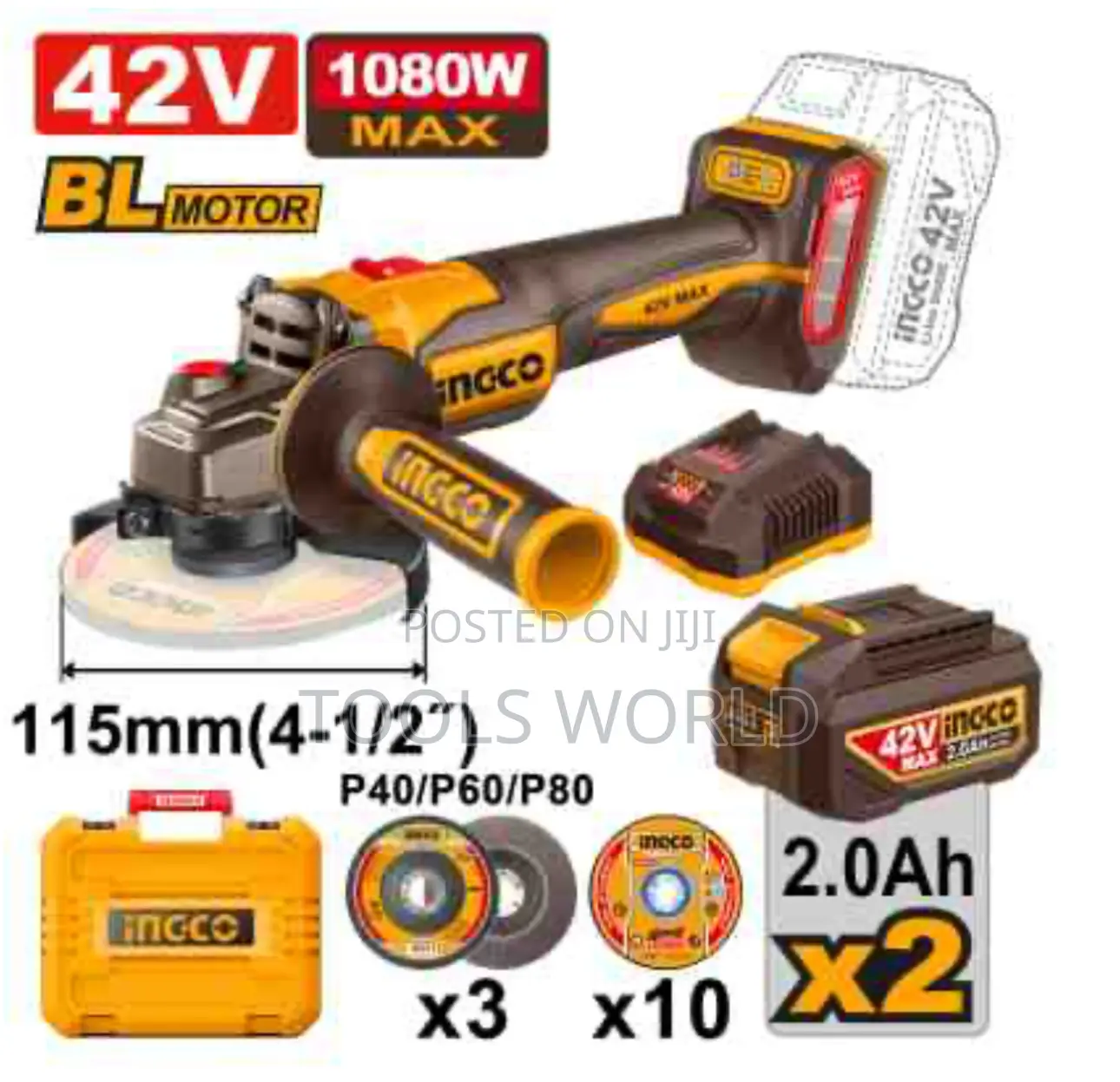 Ingco Cordless Angle Grinder 42v 1080w With Batteries and Charger