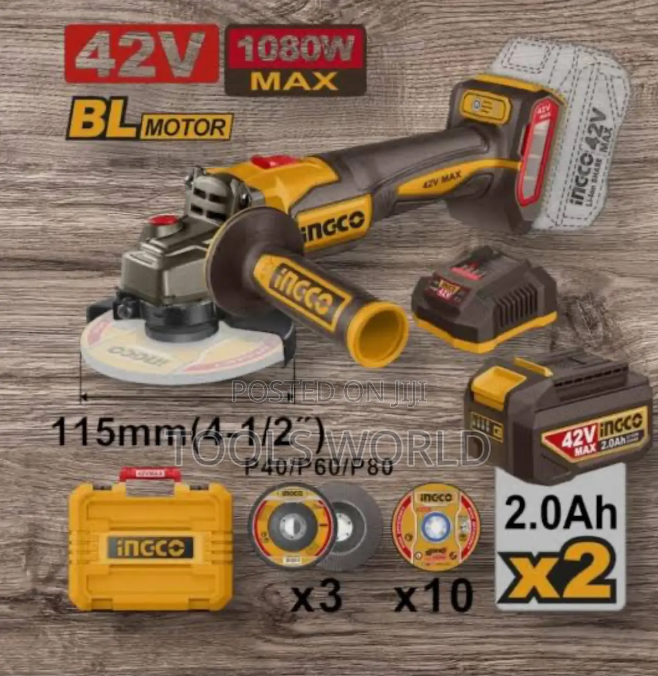Ingco Cordless Angle Grinder 42v 1080w With Batteries and Charger