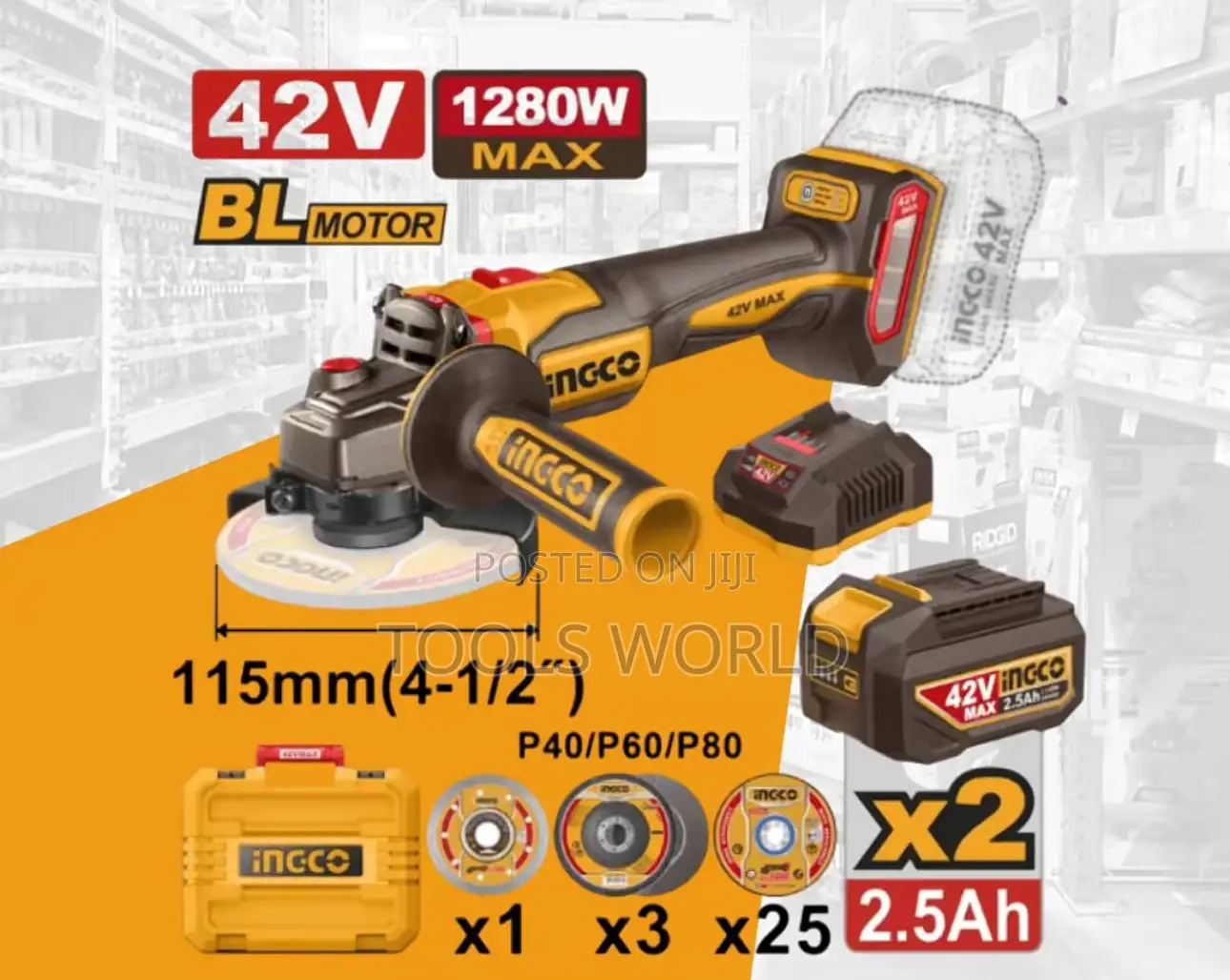 Ingco 115mm 42v 1280w Cordless Angle Grinder Cagli
