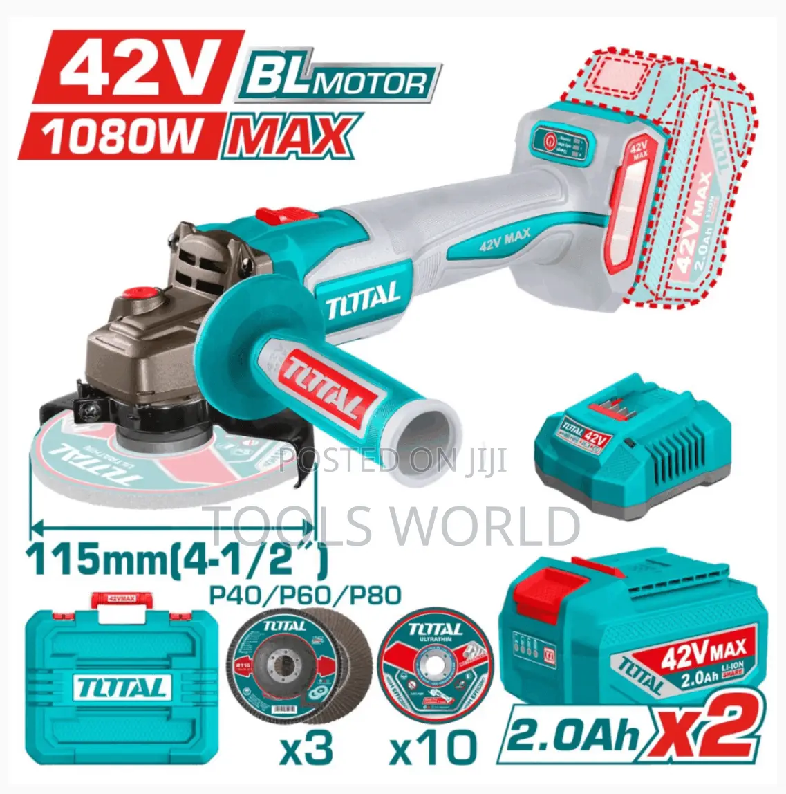 42v Angle Grinder Bl Motor 115mm M14 1080w Max 2x2.0ah