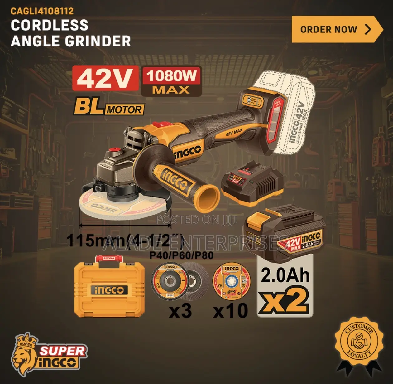 Ingco 42v Battery Cordless Angle Grinder With Batteries And Charger