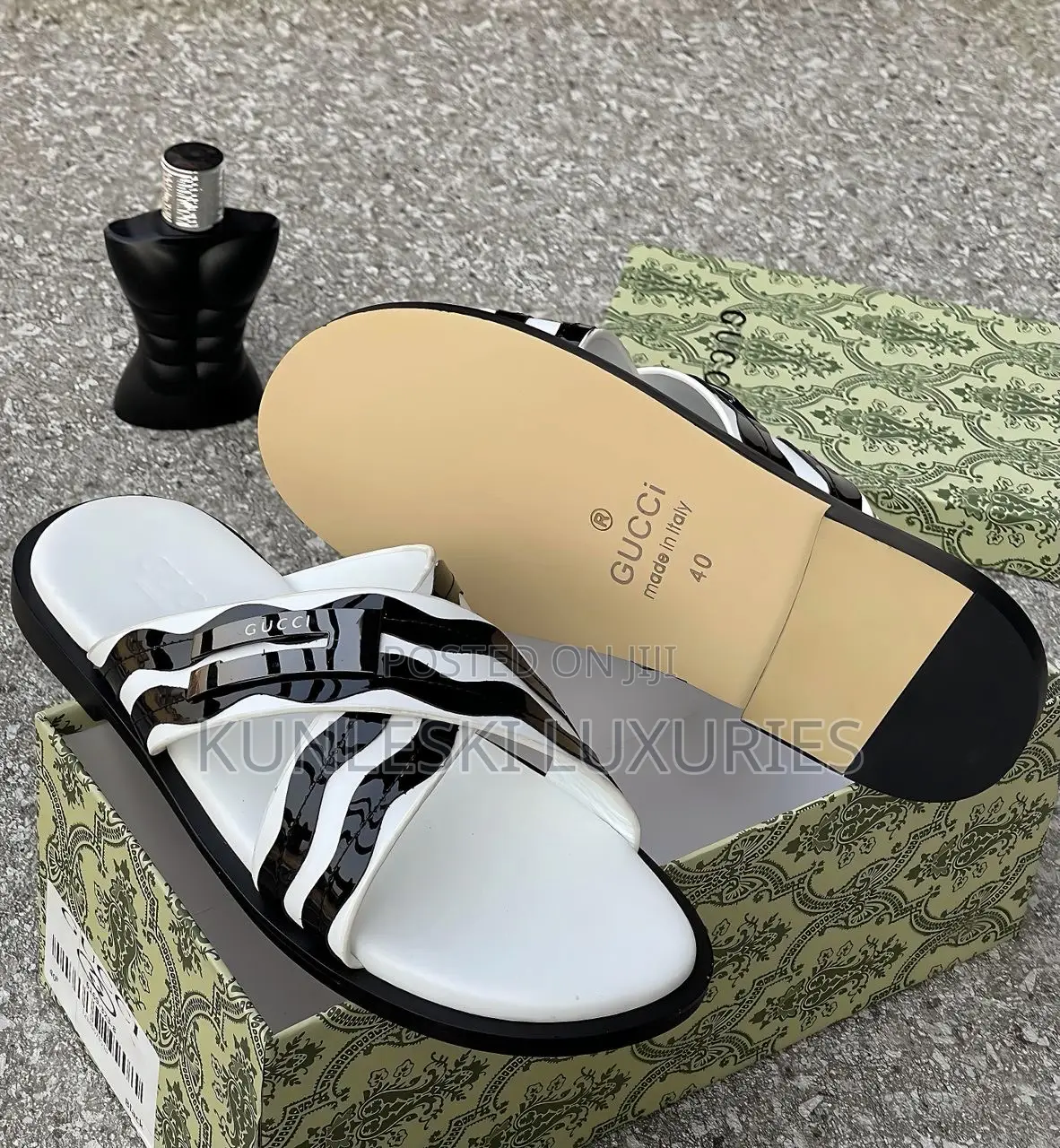 Original Gucci Leather Black & White Leather Slippers