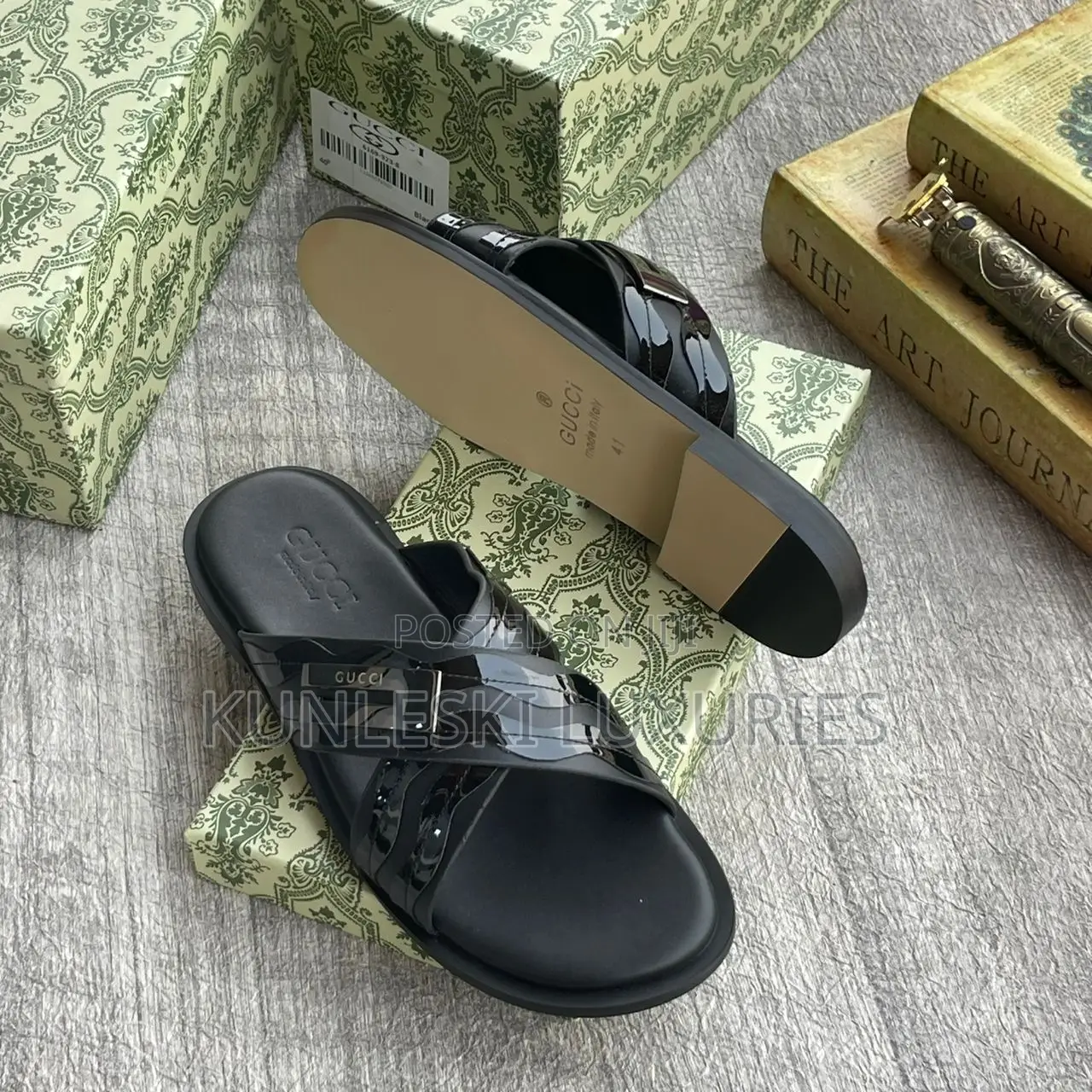 Original Gucci Leather Black & White Leather Slippers