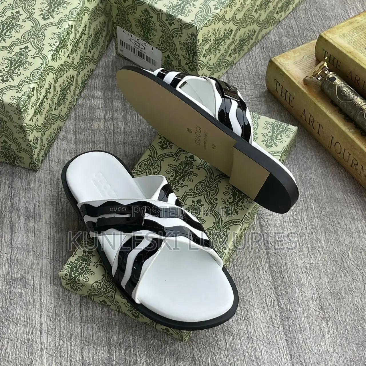 Original Gucci Leather Black & White Leather Slippers