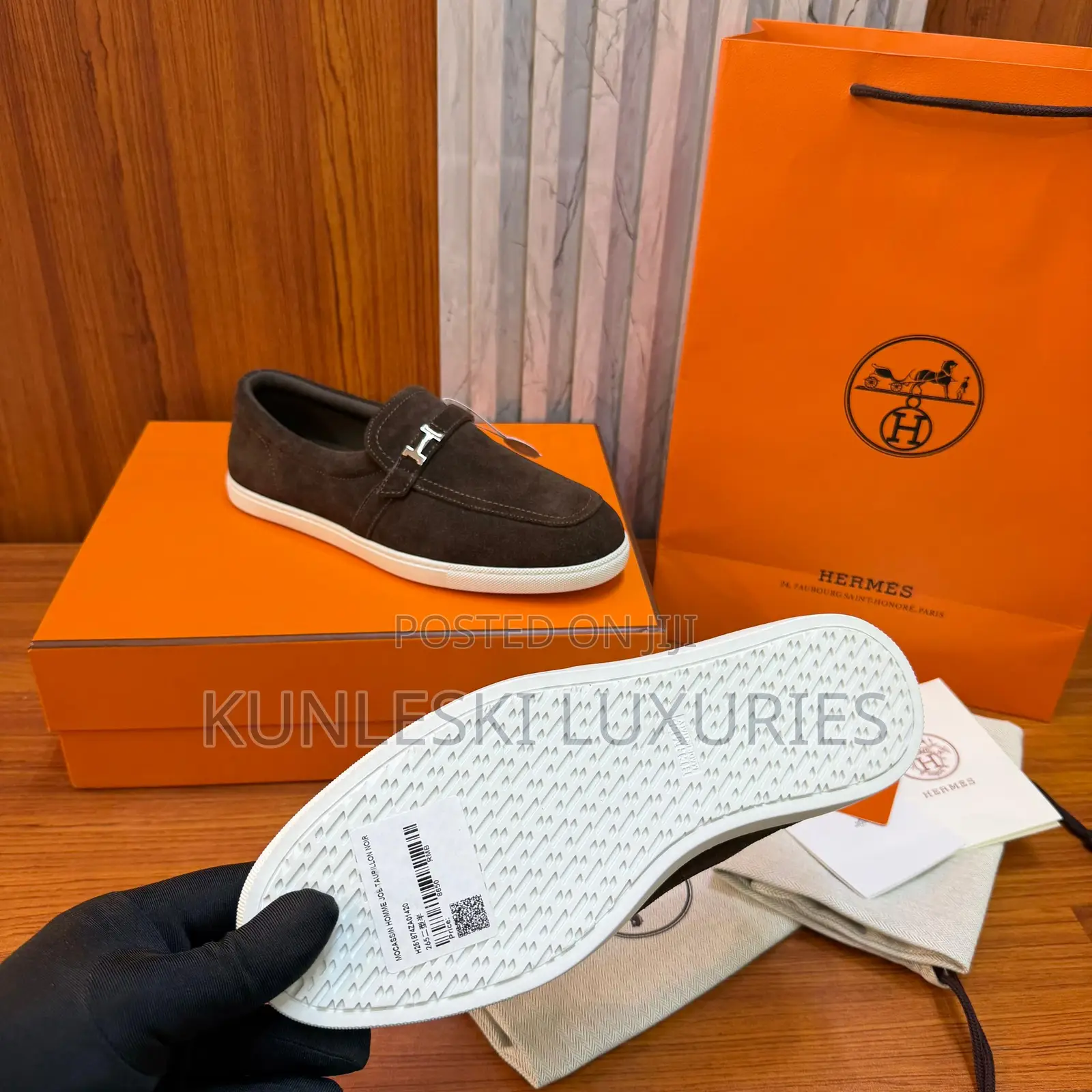 Original Hermes Brown Suede / Black Leather Loafers Shoes