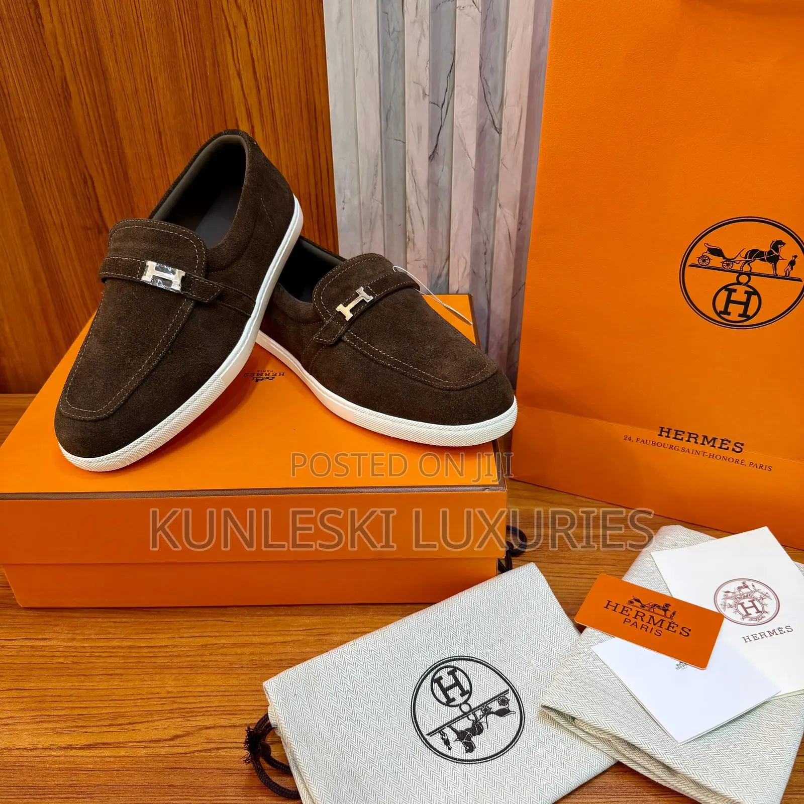 Original Hermes Brown Suede / Black Leather Loafers Shoes