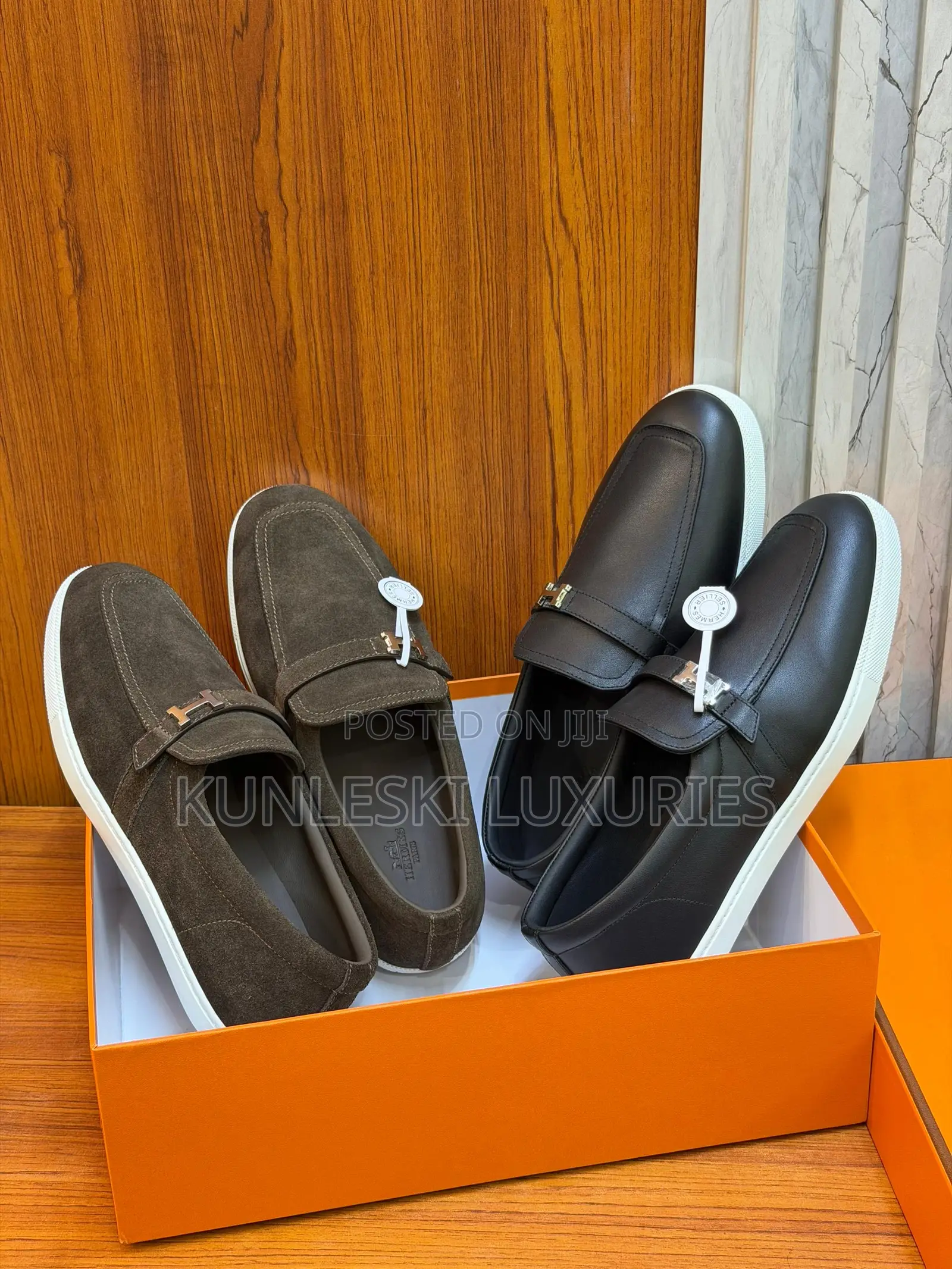 Original Hermes Brown Suede / Black Leather Loafers Shoes