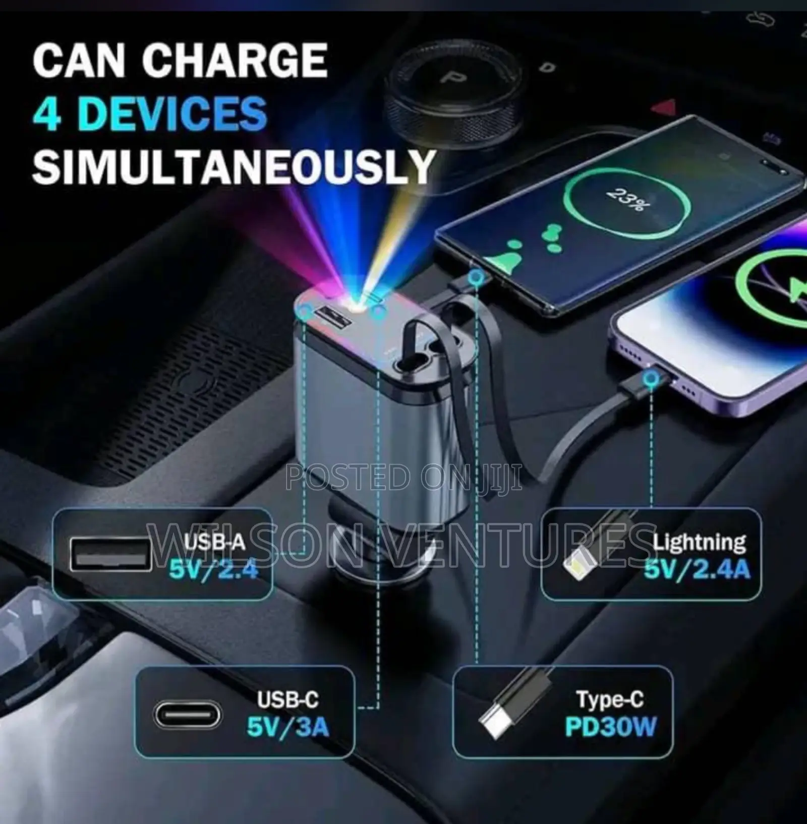 4 In 1 Super Fast Charge Car Charger Diffuser Ambient Light