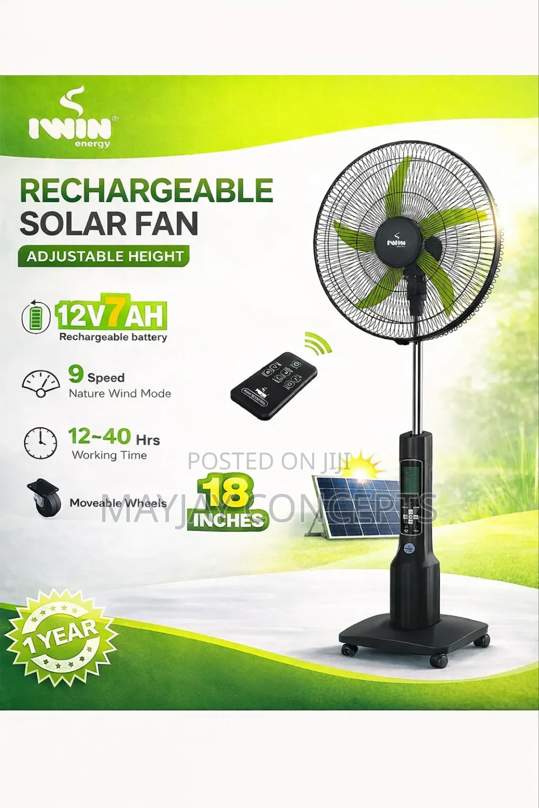 18-Inch Iwin Ac/Dc Rechargeable Standing Fan-Supports Solar Charge