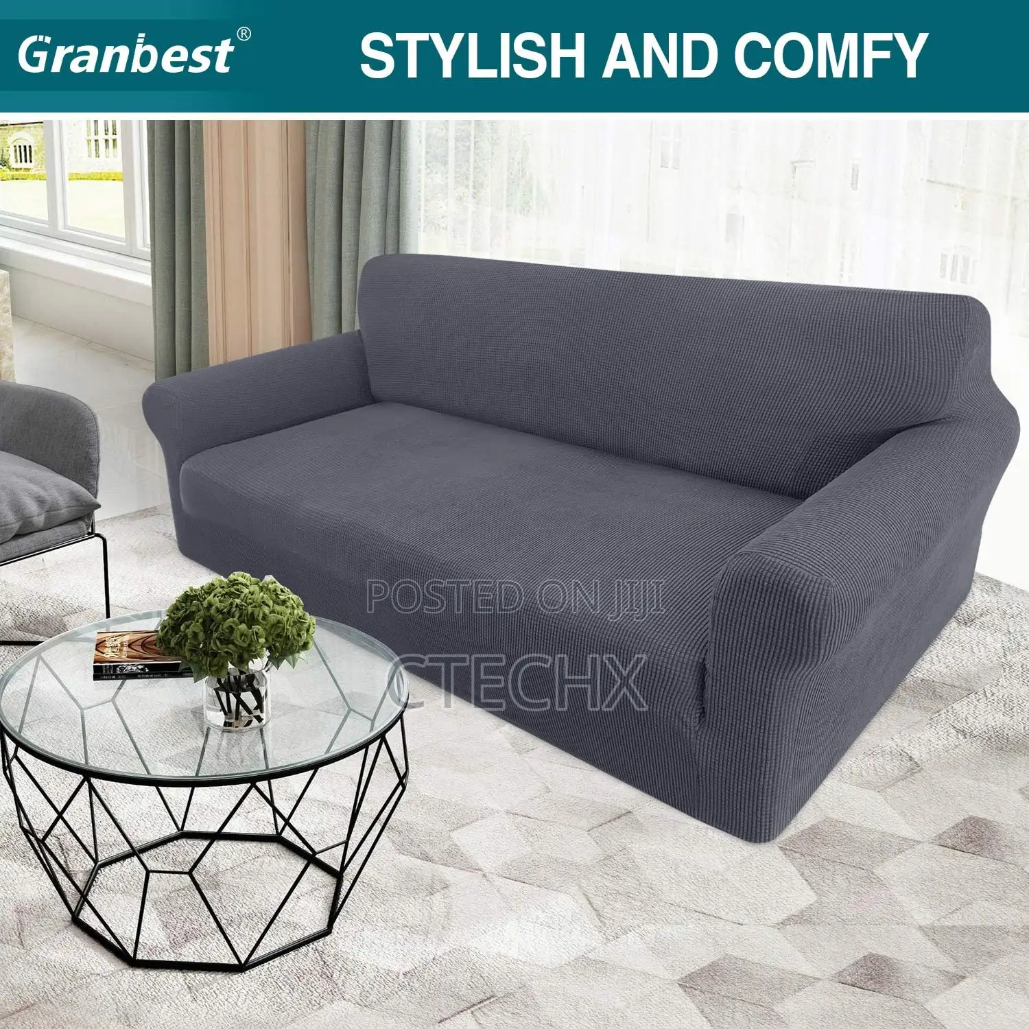 Granbest High Stretch Sofa Covers 4 Seater Jacquard Spandex Grey