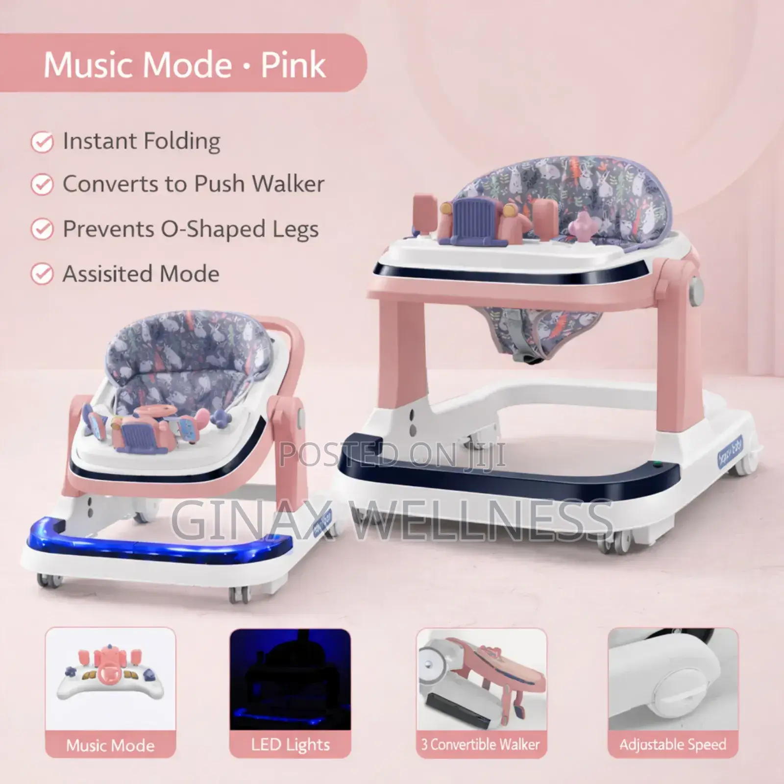 3-in-1 Premium Baby Walker With Led Lights and Adjustable Heights