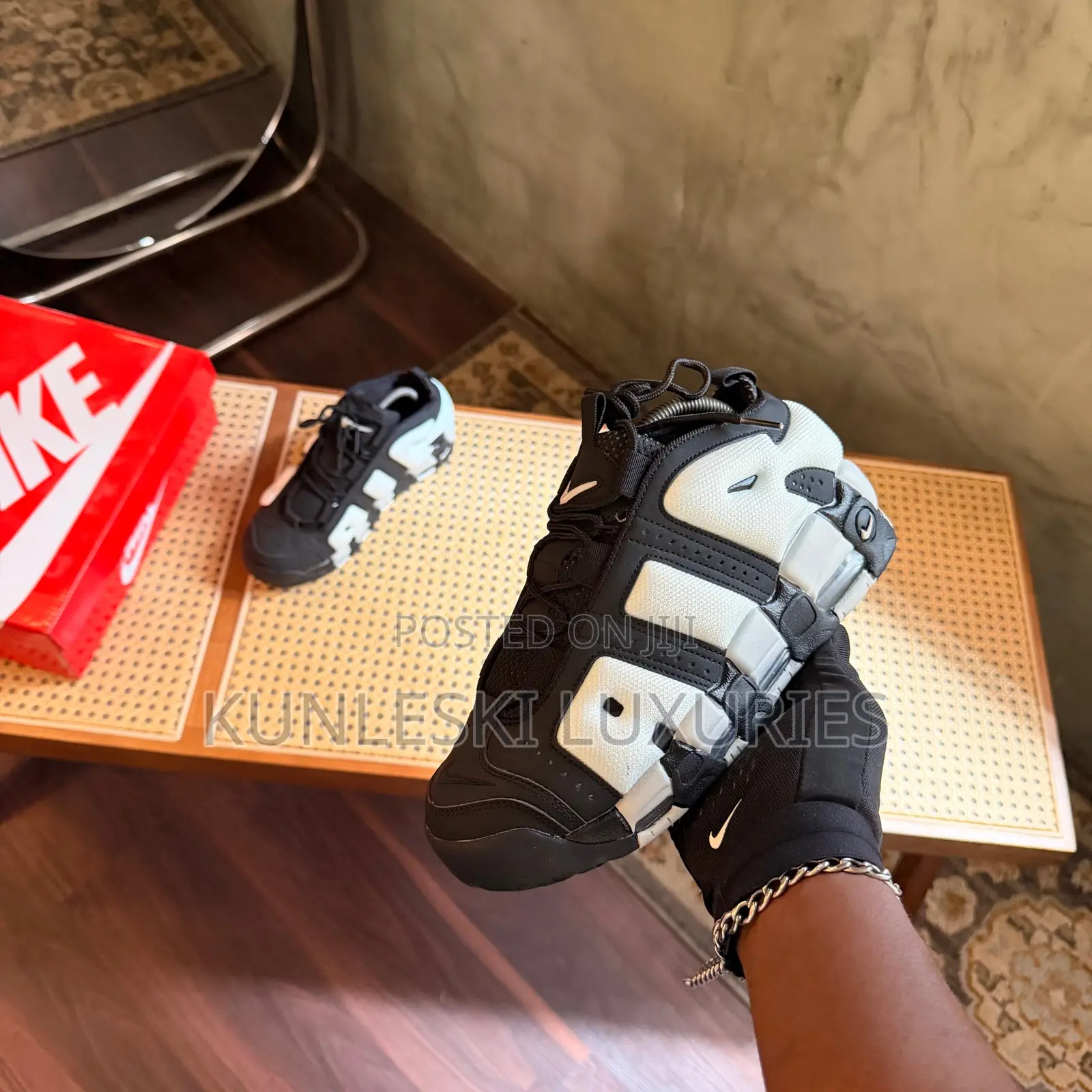 Original Nike Air More Uptempo Low Black Metallic Photon Dust Sneakers