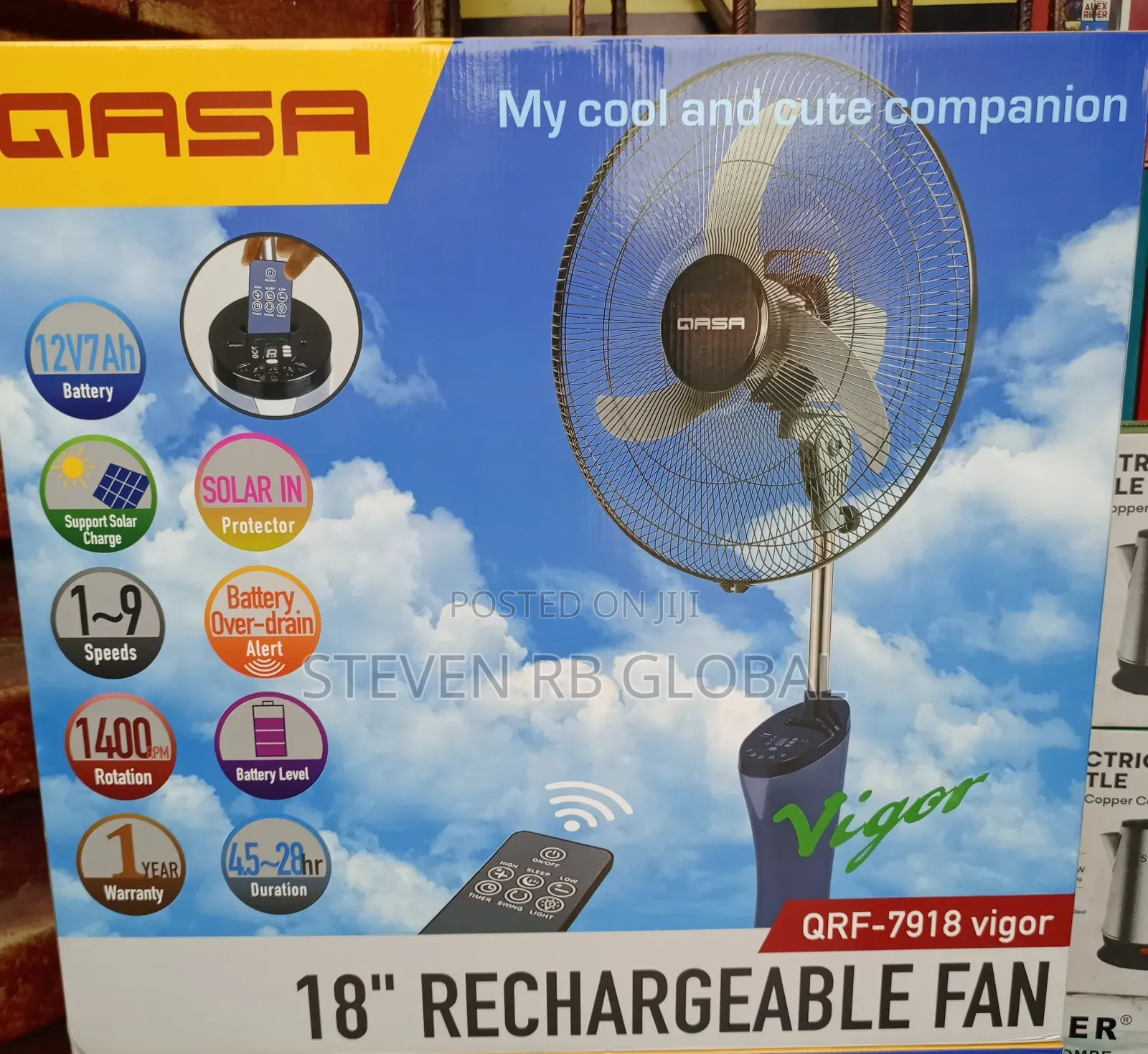 Qasa 18-inch Rechargeable Standing Fan With Remote Control 7918 Vigor