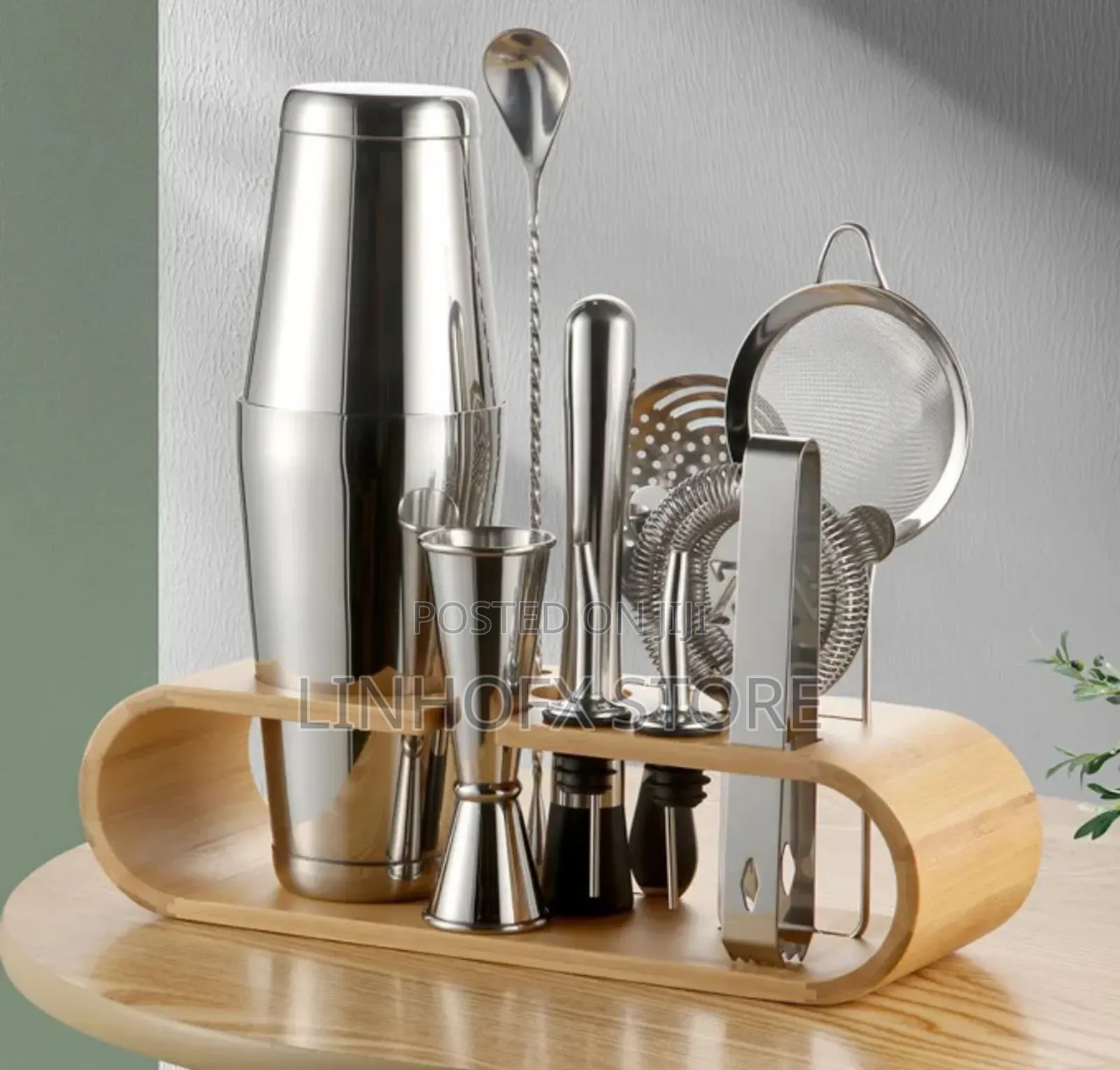 Stainless Steel Boston Shaker Bar Accessories Kit With Wooden Base
