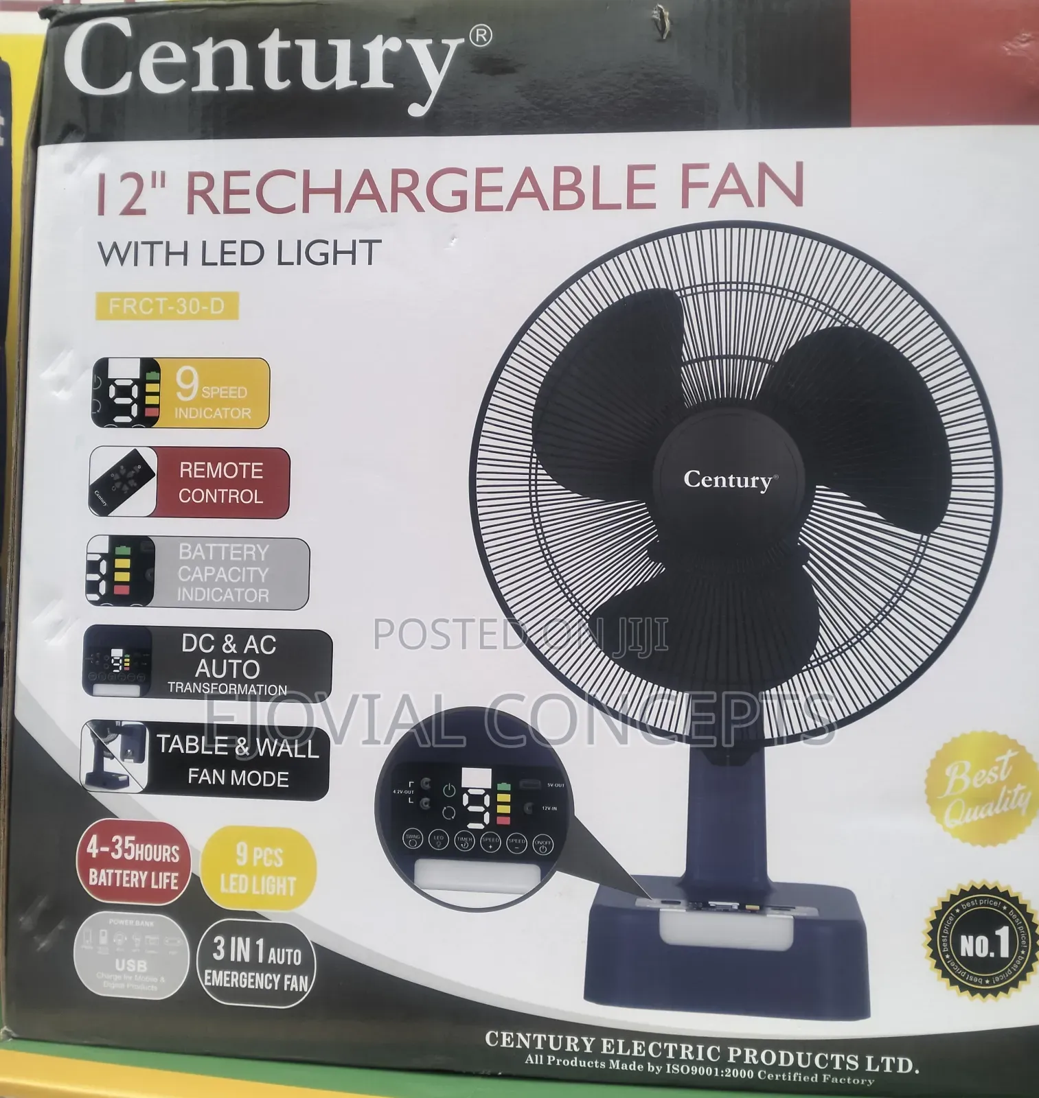 Century 12-Inch Rechargeable Fan With Led Light – Remote Control