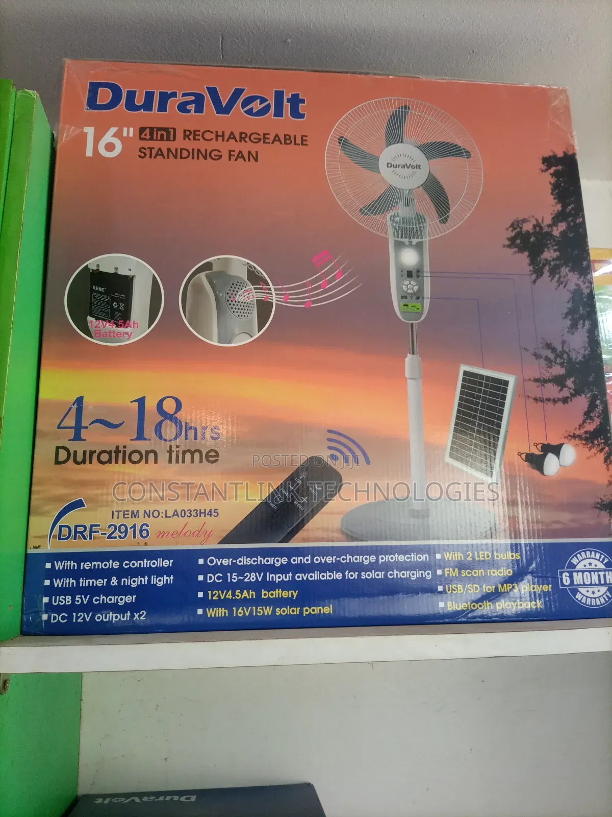 Duravolt 4 in 1 Rechargeable Standing Fan ( Solar Fan)- 16 Inches