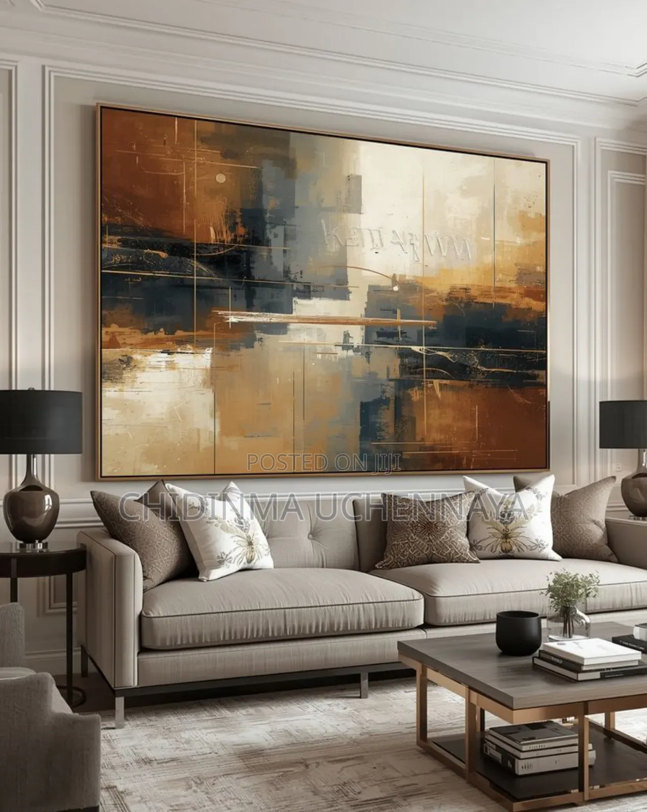 Large Black Abstract Printing on Canvas
