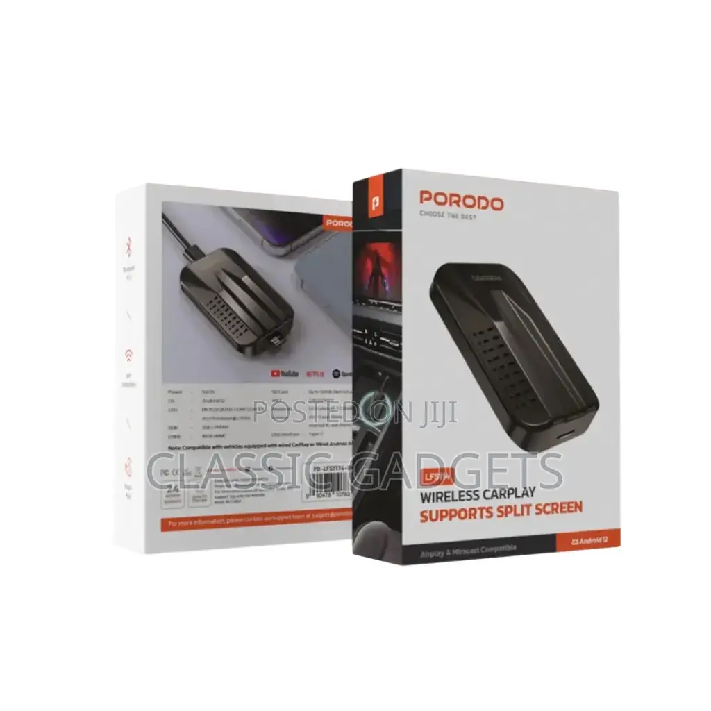Porodo Lfs114 Wireless Carplay Supports Split Screen Adapter- Black
