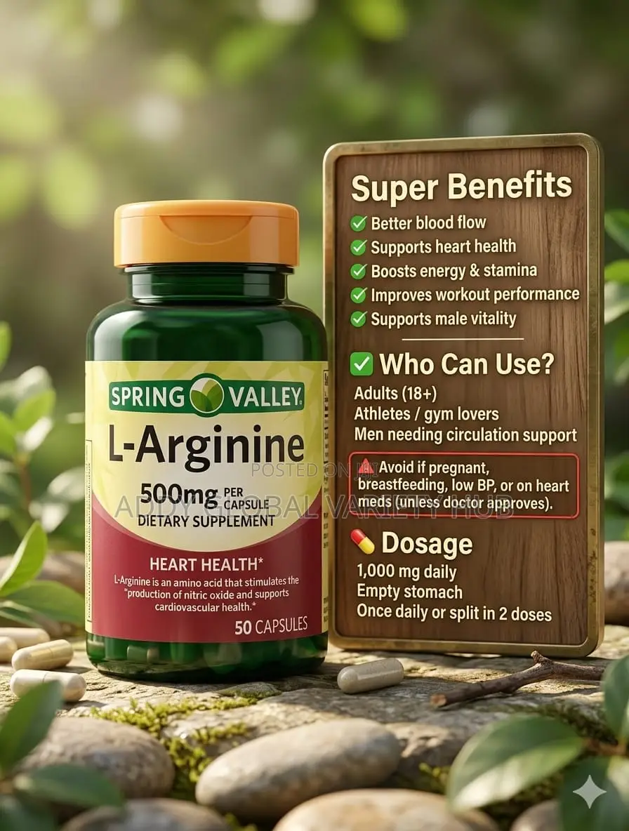 L-Arginine 500mg for Supporting Blood Flow and Vascular Function