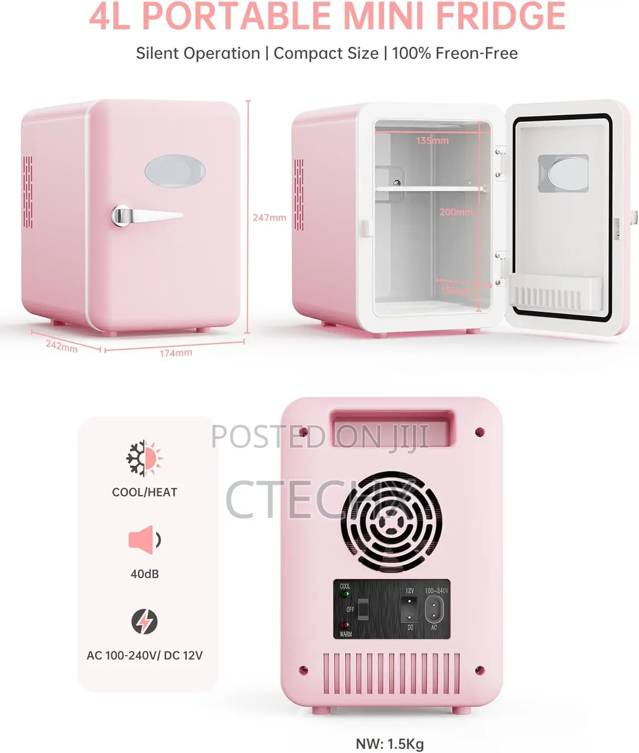 4l Pink Fridge Quiet Portable Small Refrigerator Ac/Dc Cooler Warmer