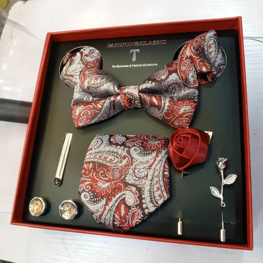 Classic Complete Set of Bow Tie,Long Tie,Brooch,Rose,2 Pocket Hanky