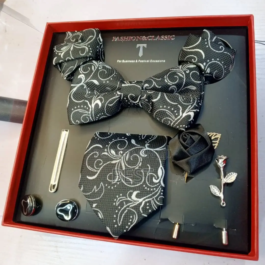 Classic Complete Set of Bow Tie,Long Tie,Brooch,Rose,2 Pocket Hanky