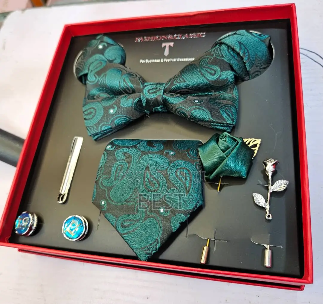 Classic Complete Set of Bow Tie,Long Tie,Brooch,Rose,2 Pocket Hanky