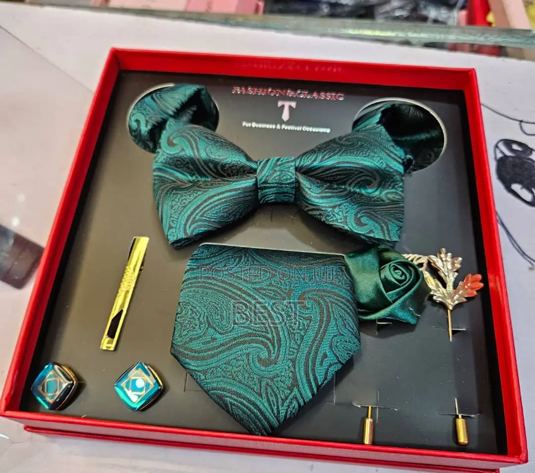 Classic Complete Set of Bow Tie,Long Tie,Brooch,Rose,2 Pocket Hanky