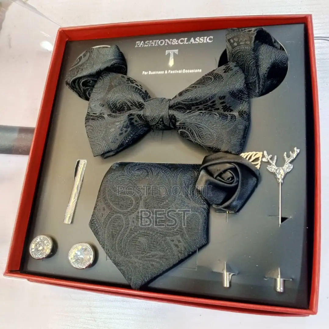 Classic Complete Set of Bow Tie,Long Tie,Brooch,Rose,2 Pocket Hanky
