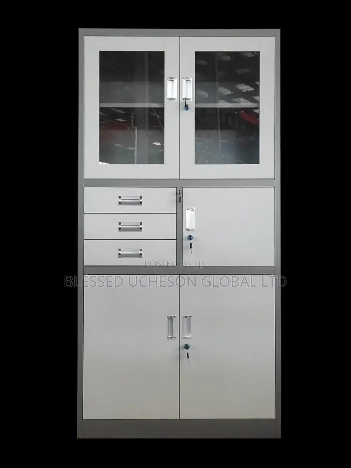 Multi-Compartment Half Glass- Half Metal Cabinet With an Inbuilt Safe