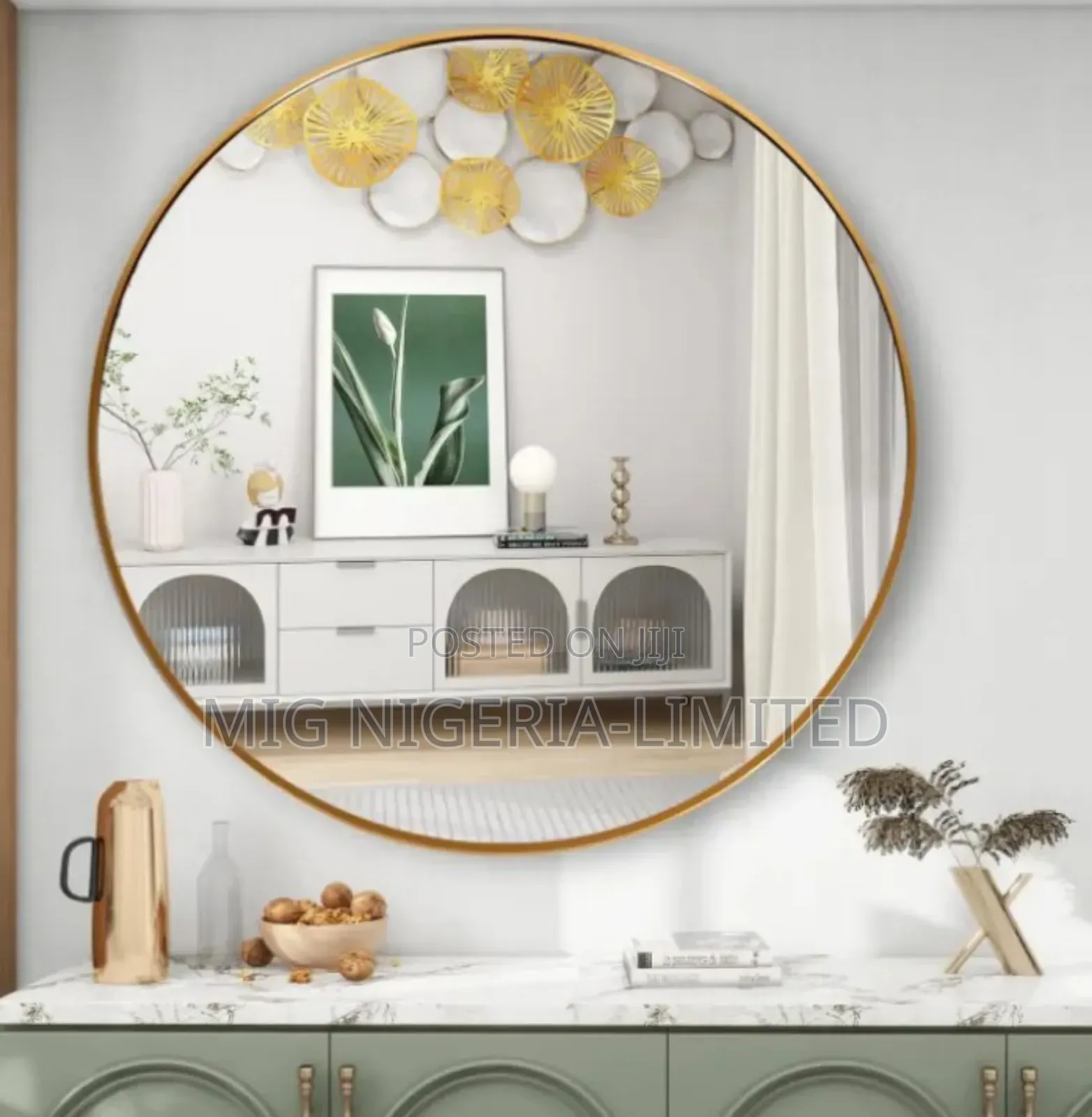 Golden Round Mirror for Wall Decor Vanity Living Room 90cmx100cm
