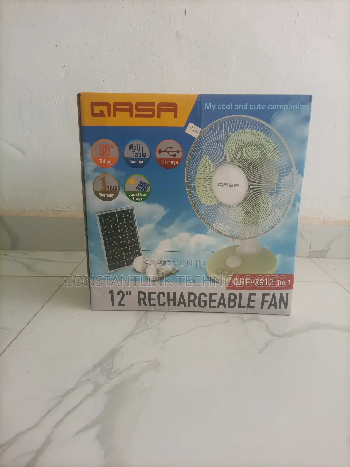 Qasa 3-in-1 12 Inches Rechargeable Table Fan With Solar and Bulbs