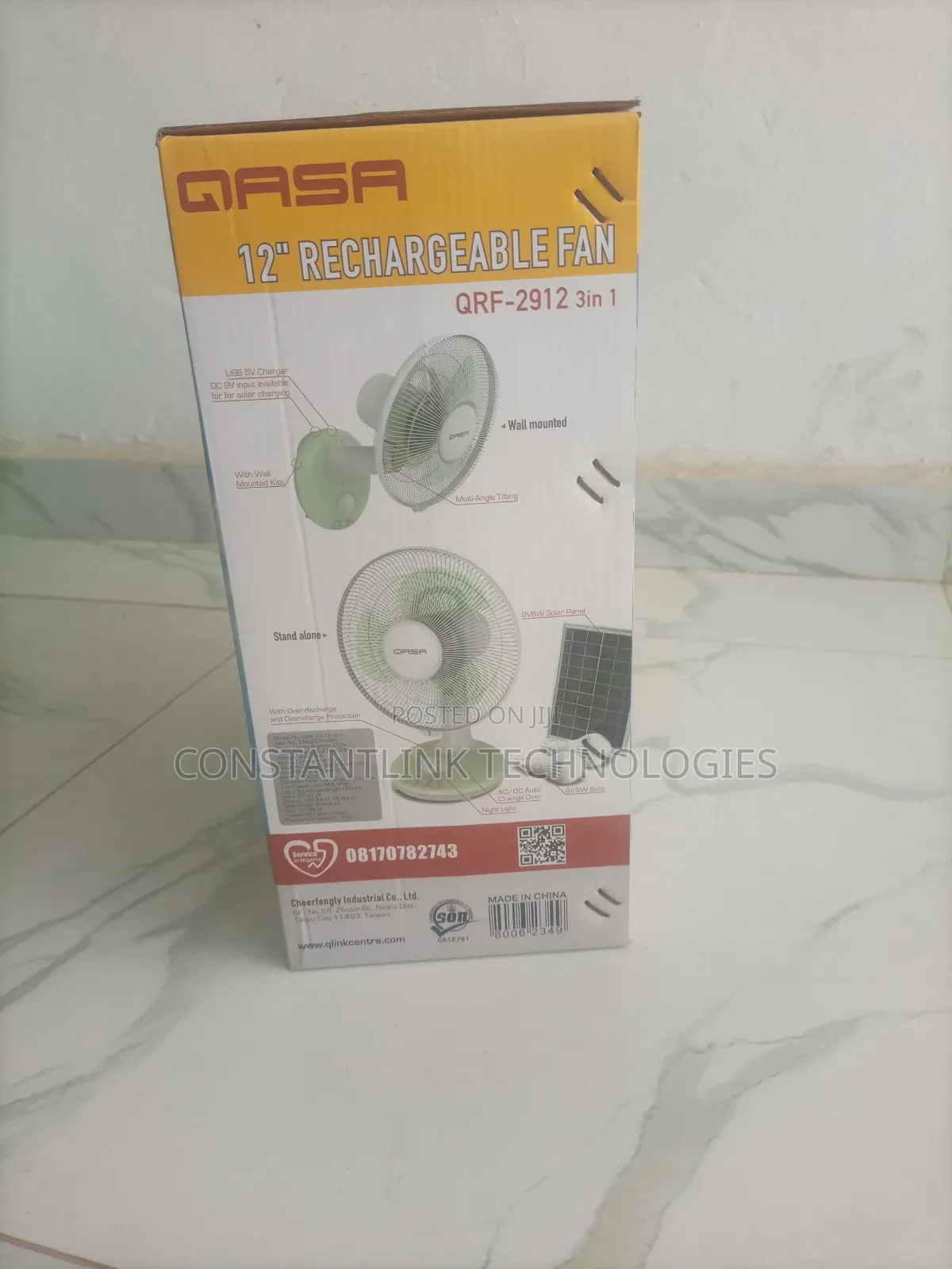 Qasa 3-in-1 12 Inches Rechargeable Table Fan With Solar and Bulbs