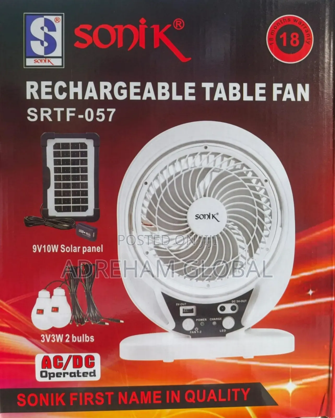 Sonik "8 Rechargeable Table Fan With 2 Bulb and Solar Panel