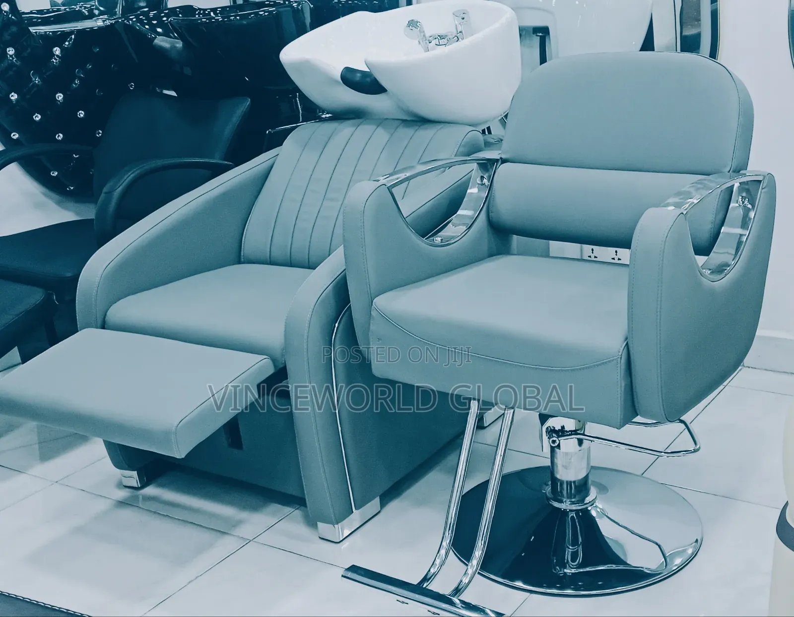 A Set of Grey Color Wash Hair Basin and Chair