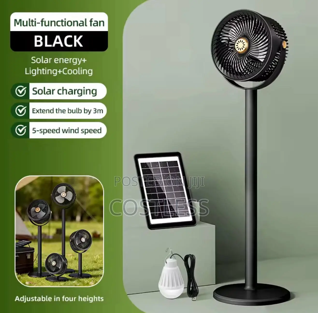 Solar-Powered Standing Fan Designed for Indoor and Outdoor.