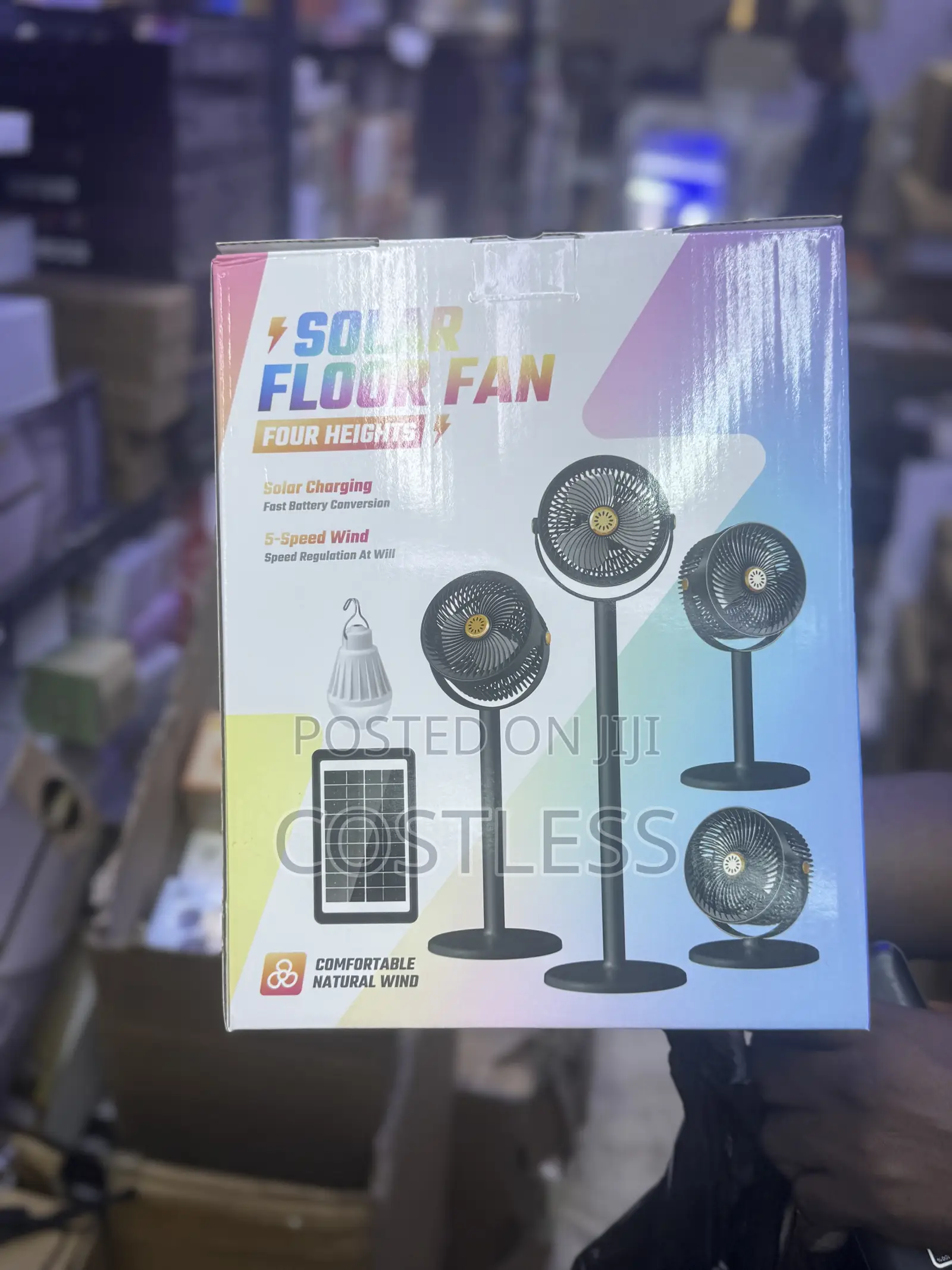 Solar-Powered Standing Fan Designed for Indoor and Outdoor.